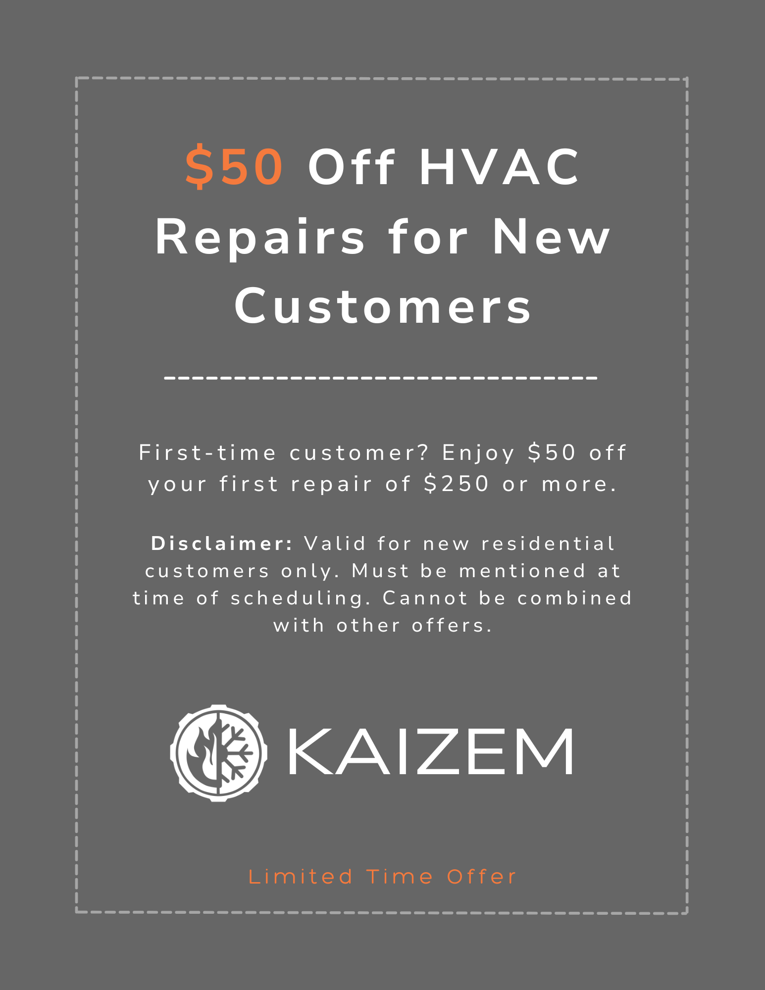 Advertisement offering $50 off HVAC repairs for first-time customers, with details about the discount, disclaimer, company logo KAIZEM, and limited time offer.