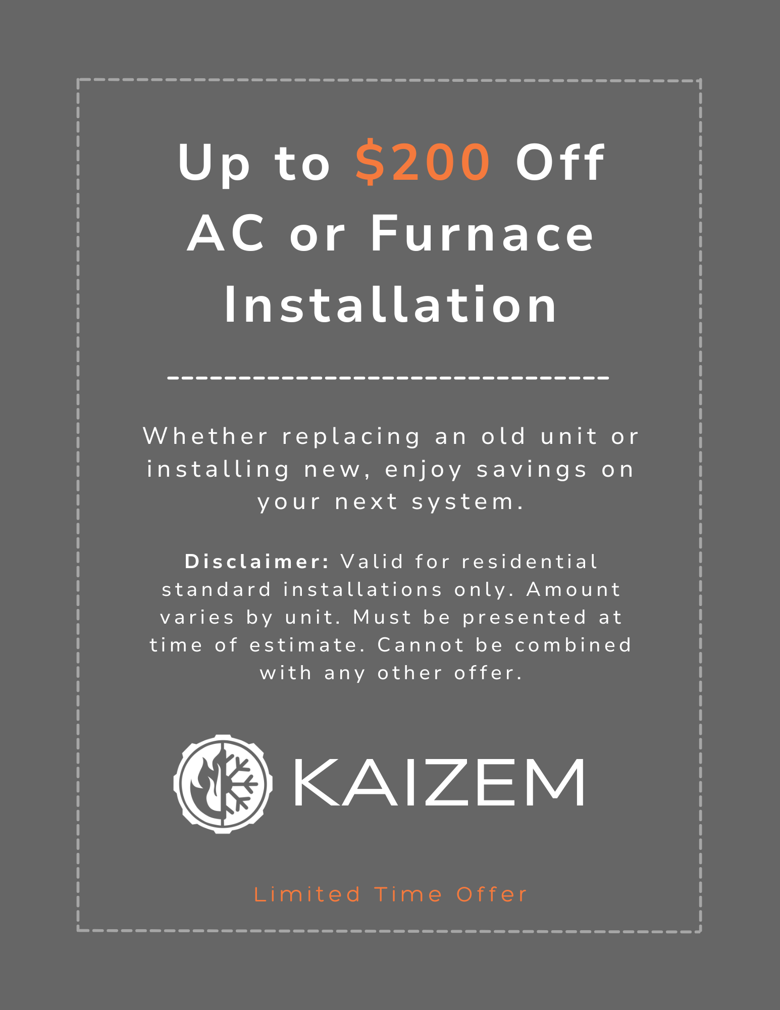 Advertisement offering up to $200 off on AC or furnace installation, with details about the promotion from Kaizem and a disclaimer about the offer's terms.