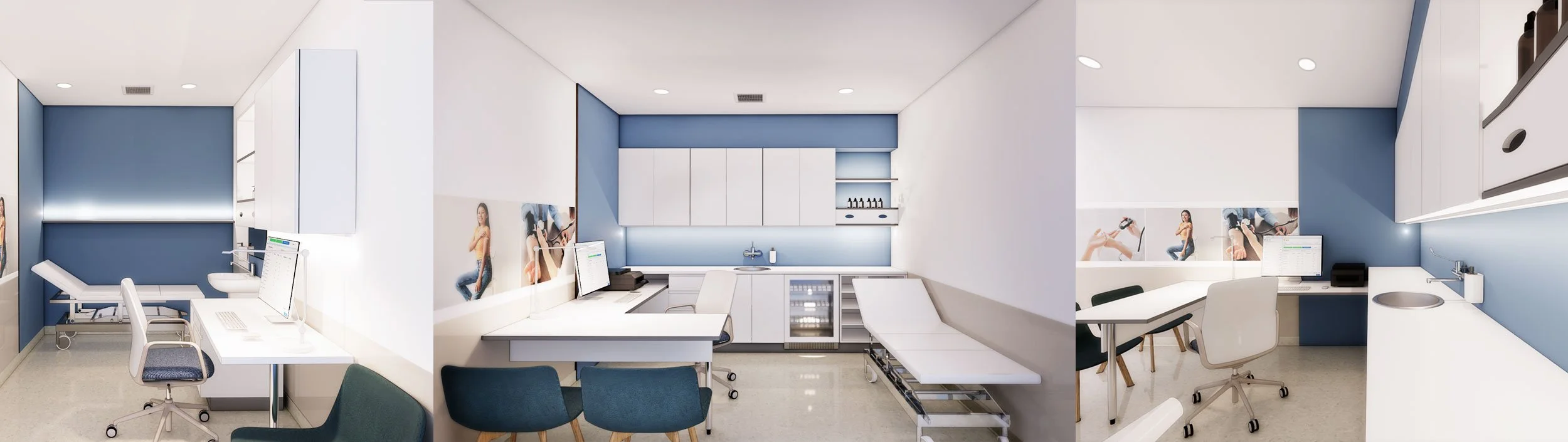 Three views of a modern medical clinic room with clean white and blue decor, medical examination bed, chairs, cabinets, and computer equipment.