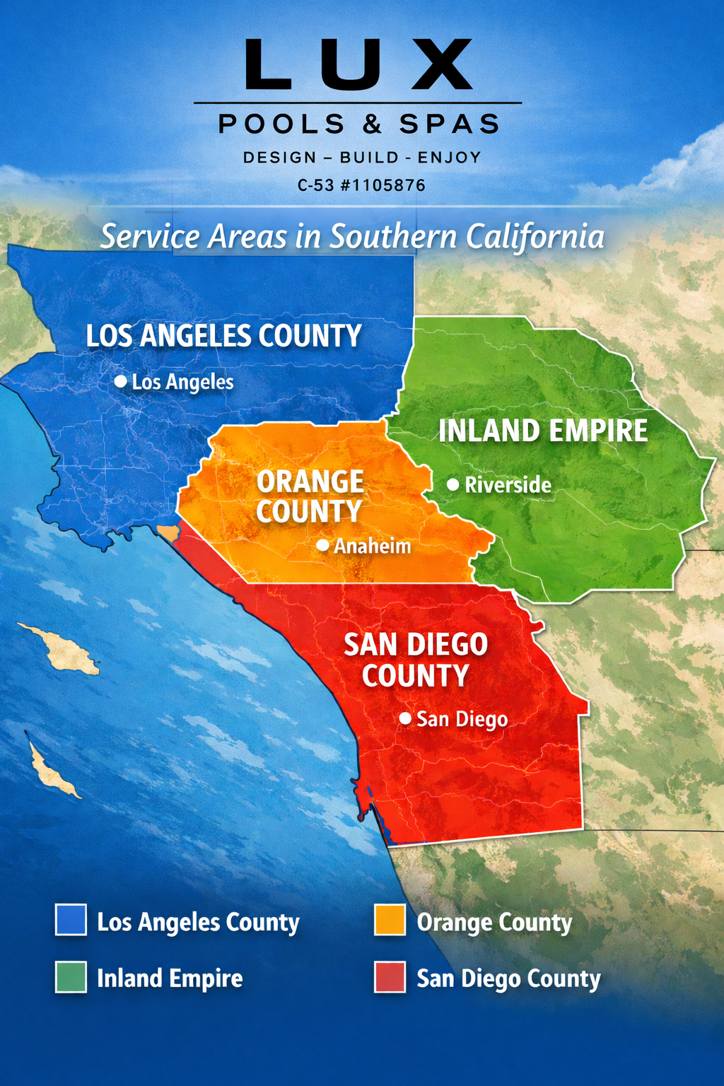 Lux Pools & Spas service areas including San Diego County, Orange County, Los Angeles County, and the Inland Empire in Southern California