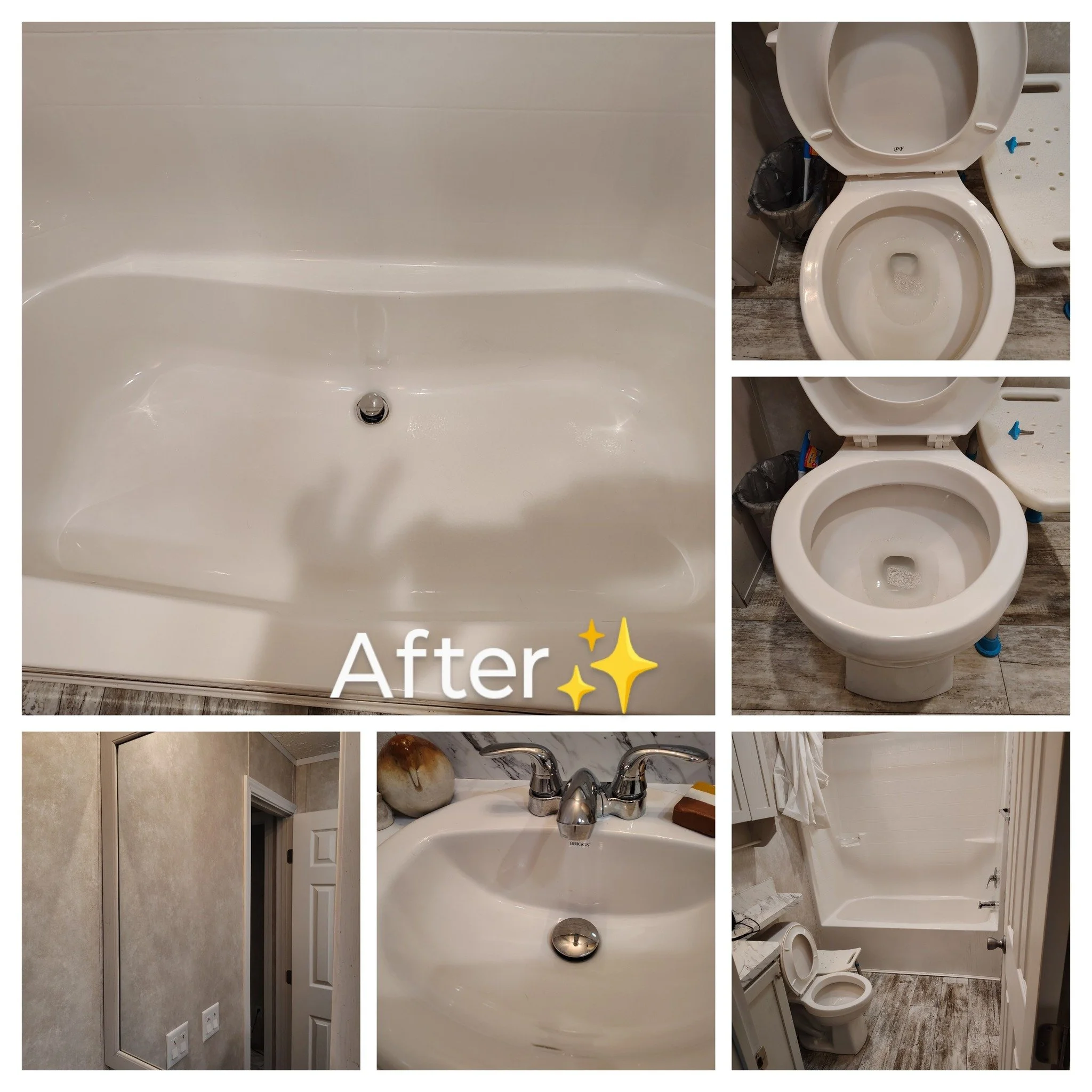 A collage of bathroom renovation before and after photos displaying a bathtub, toilet, sink, and bathroom walls and floors.