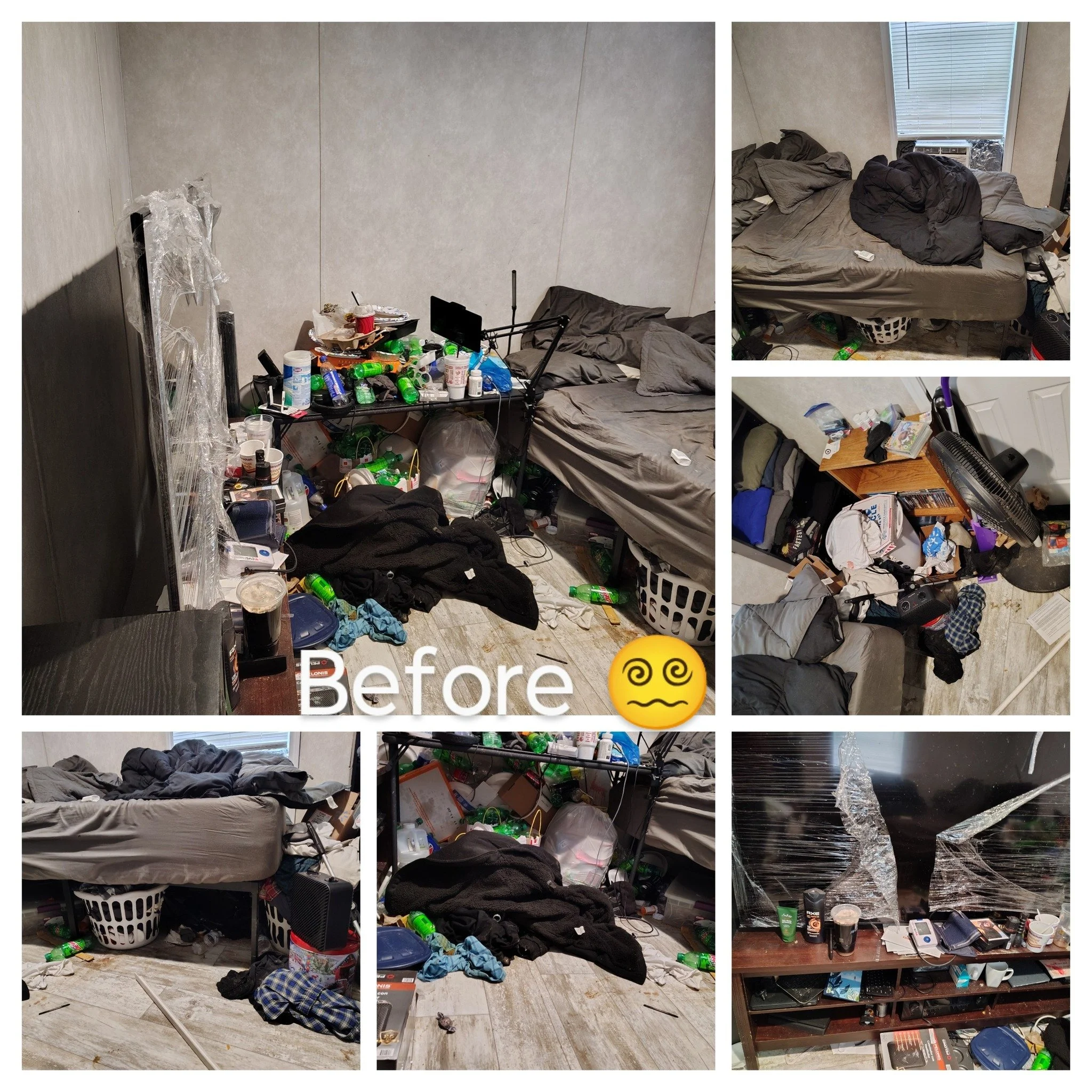 A cluttered room with a bed, trash, and various household items scattered across and around it, including laundry baskets, bottles, and personal belongings.