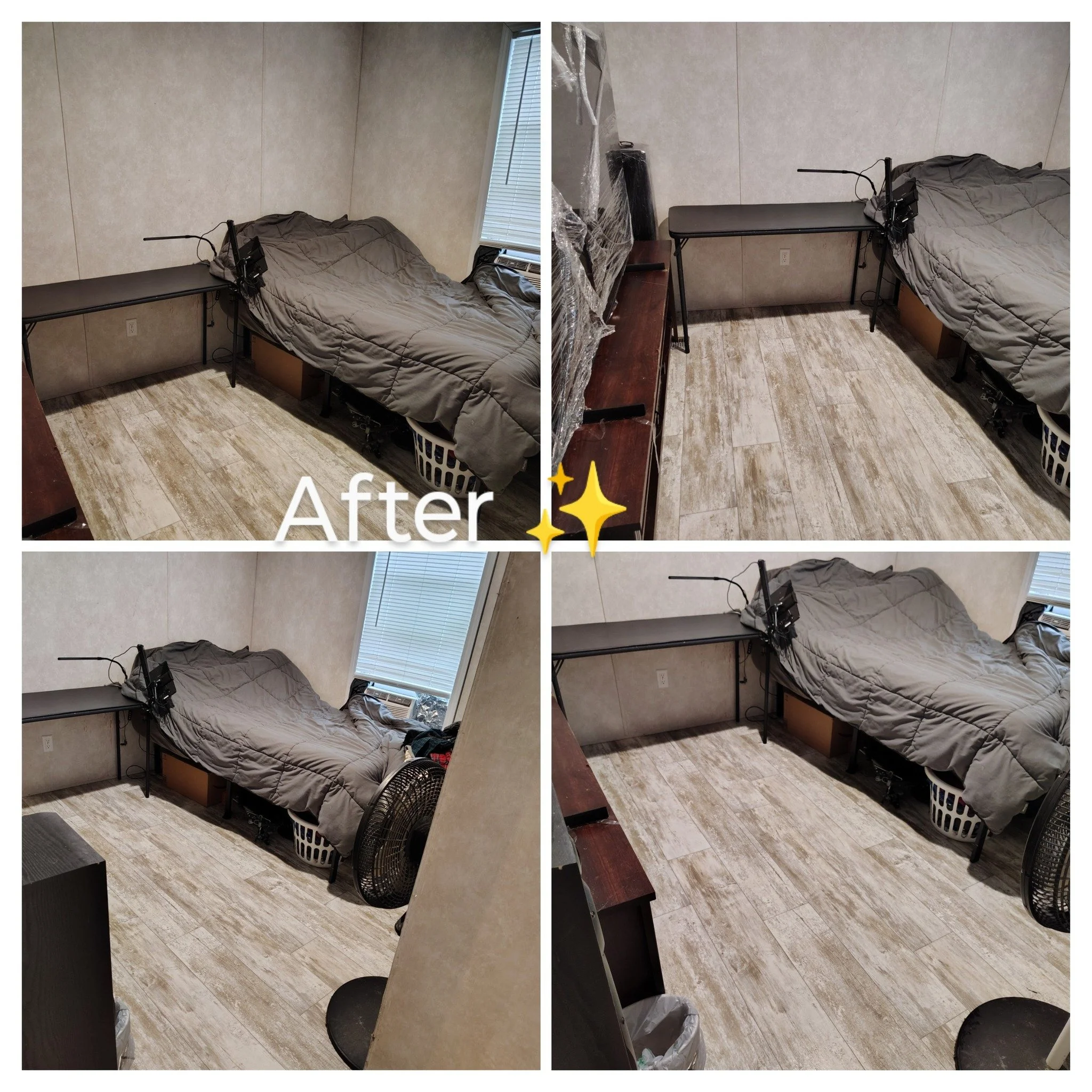 An edit of a small bedroom with a bed and desk. The left side shows the bed unmade with a blanket, while the right side shows the bed made neatly. The room has beige walls, a window with blinds, and various furniture.