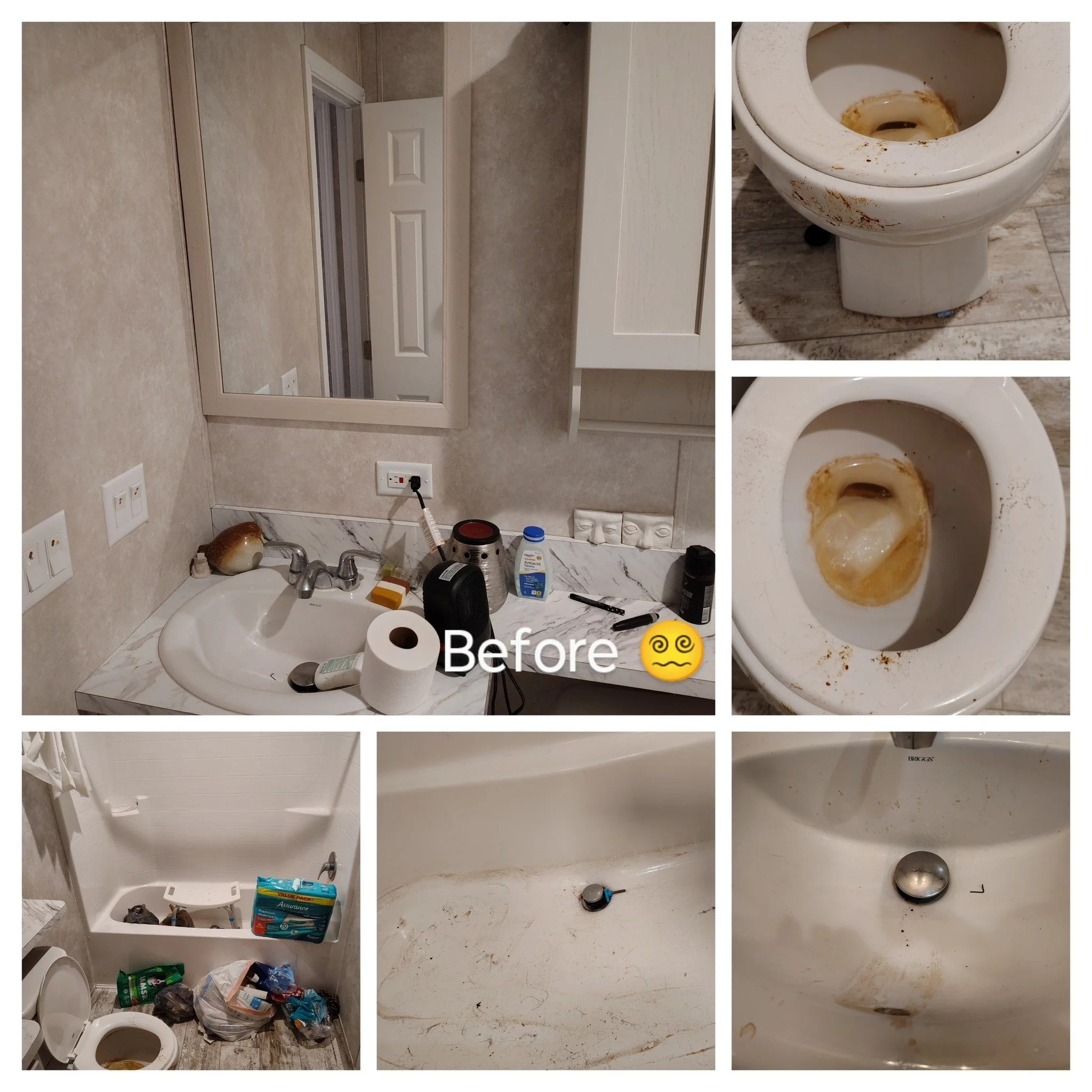 A bathroom before cleaning with a dirty toilet with stains, cluttered sink area with trash, multiple electrical outlets, and a mirror. The floor and surfaces are dirty and disorganized.