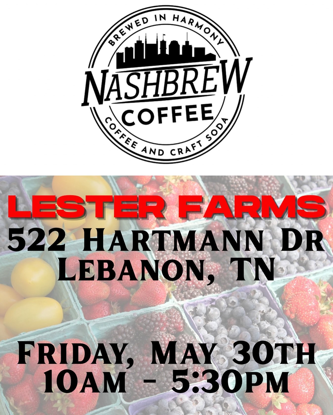 πΎ Come See Us at Lester Farms! βοΈ
Join Nashbrew Coffee at Lester Farms this Friday, May 30th from 10am - 5:30pm for fresh espresso drinks, cold brew, and craft sodas served from our mobile coffee cart!
π Location:
Lester Farms
522 Hartmann Dr, Le