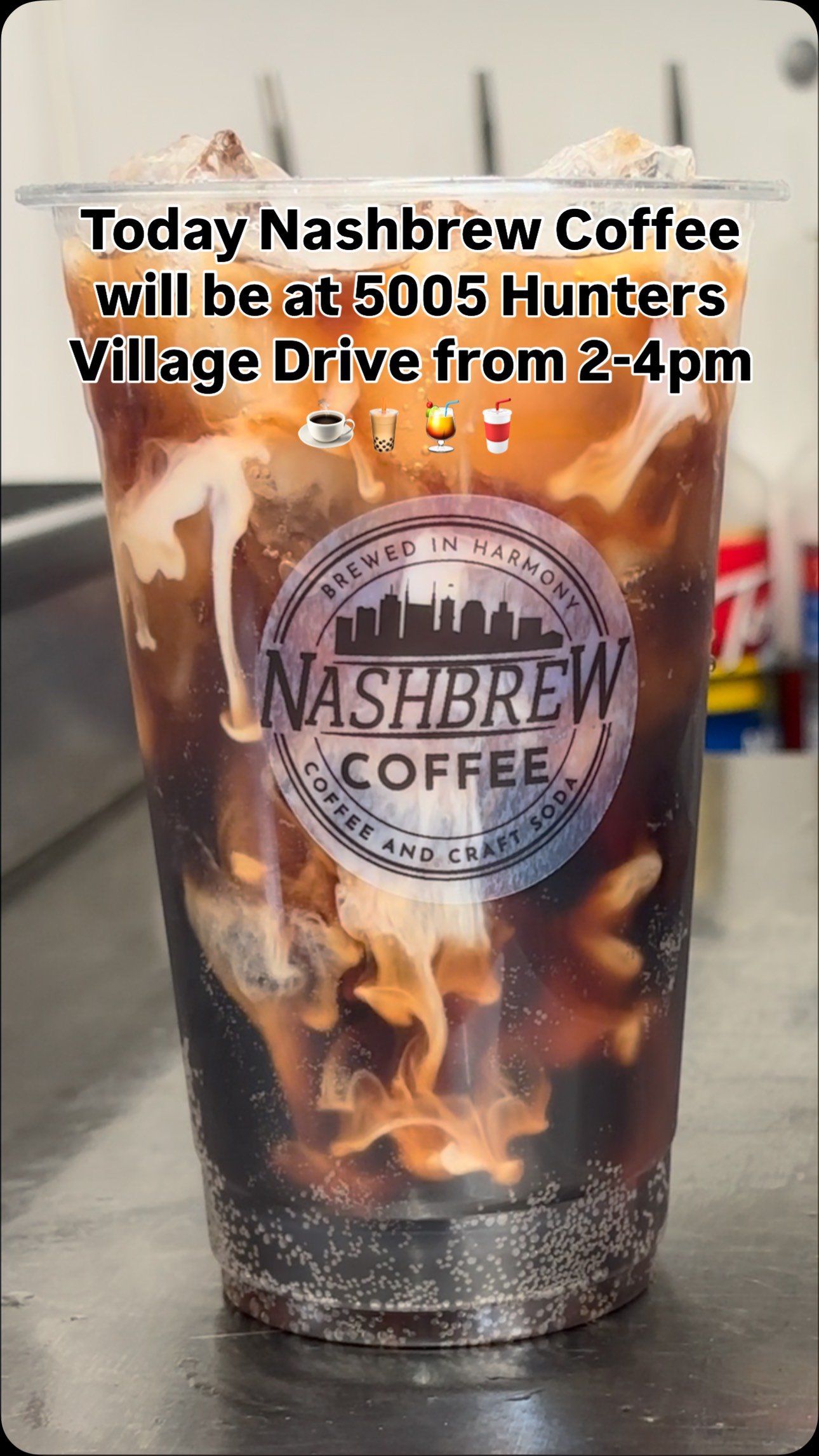 Nashbrew Coffee will be at 5005 Hunters Village Drive from 2–4 PM!
Come grab your afternoon pick-me-up — whether it’s a hot latte βοΈ, iced coffee π§, fruity refresher πΉ, or something fun and fizzy π₯€, we’ve got just what you