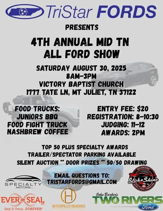 ππ¨ START YOUR ENGINES, FORD FANS! π¨π
We’re out here TODAY at the 4th Annual Mid TN All Ford Show with the crew from TriStar Fords bringing the horsepower to Mt. Juliet! π
π Victory Baptist Church
π
Saturday, August 30 | 8AM–3PM
?