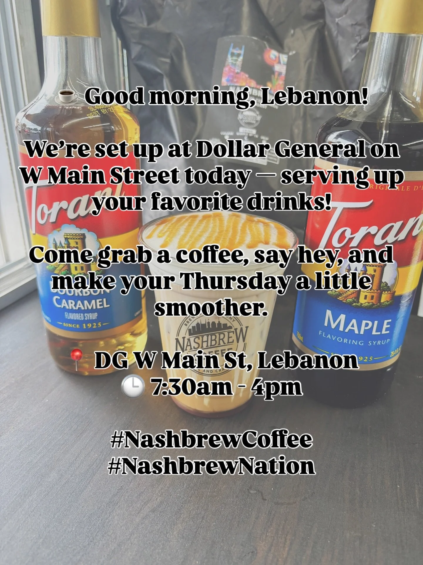 ☕ Good morning, Lebanon!

We&rsquo;re set up at Dollar General on W Main Street today &mdash; serving up your favorite brews from 7:30am to 4pm.

Come grab a coffee, say hey, and make your Thursday a little smoother.

📍 DG W Main St, Lebanon
🕒 7:30