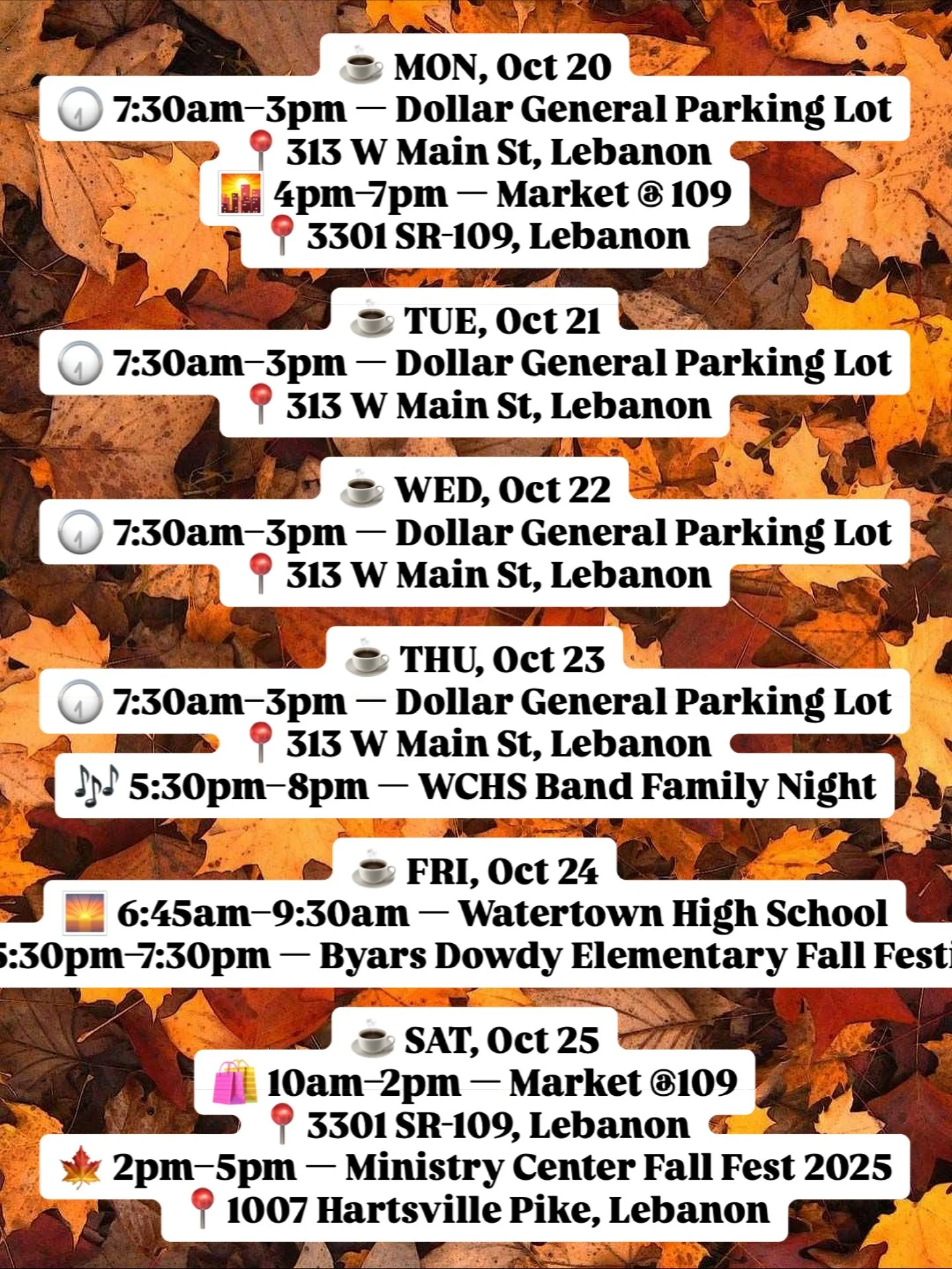 🚚 Your weekly caffeine roadmap is here! 🚚
We&rsquo;re brewing big energy across Lebanon this week &mdash; from early morning fuel-ups to cozy fall festivals! 🍂💪

☕️ MON, Oct 20
🕢 7:30am&ndash;3pm &mdash; Dollar General Parking Lot
📍313 W Main S