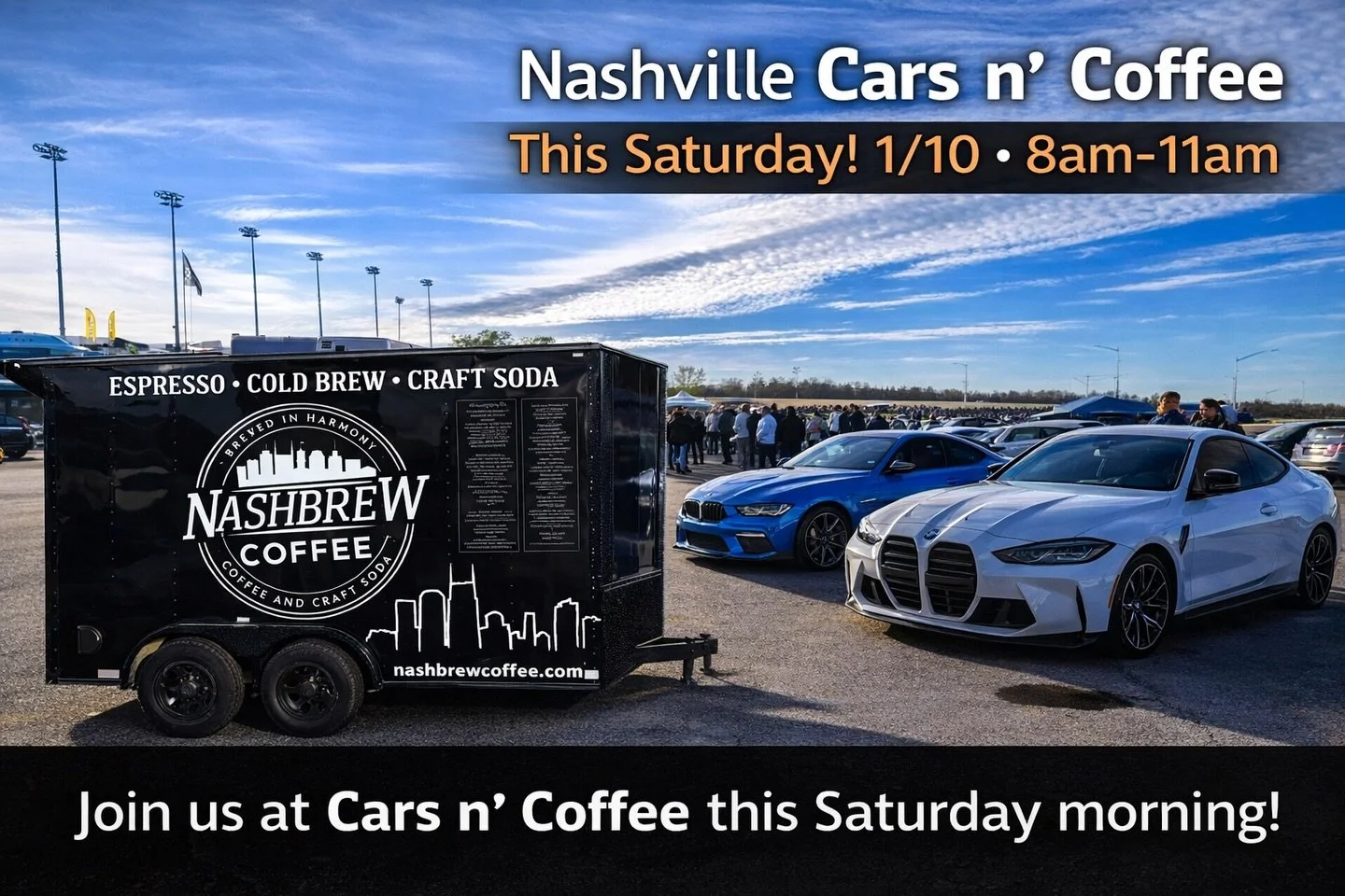 🚗💨 Start your engines, Nashville 💨🚗

Nashbrew Coffee will be at @nashvillecarsandcoffee at the Nashville Speedway this Saturday, serving up espresso drinks, craft sodas, and energy refreshers to keep you rev&rsquo;d up!

If you&rsquo;re coming ou