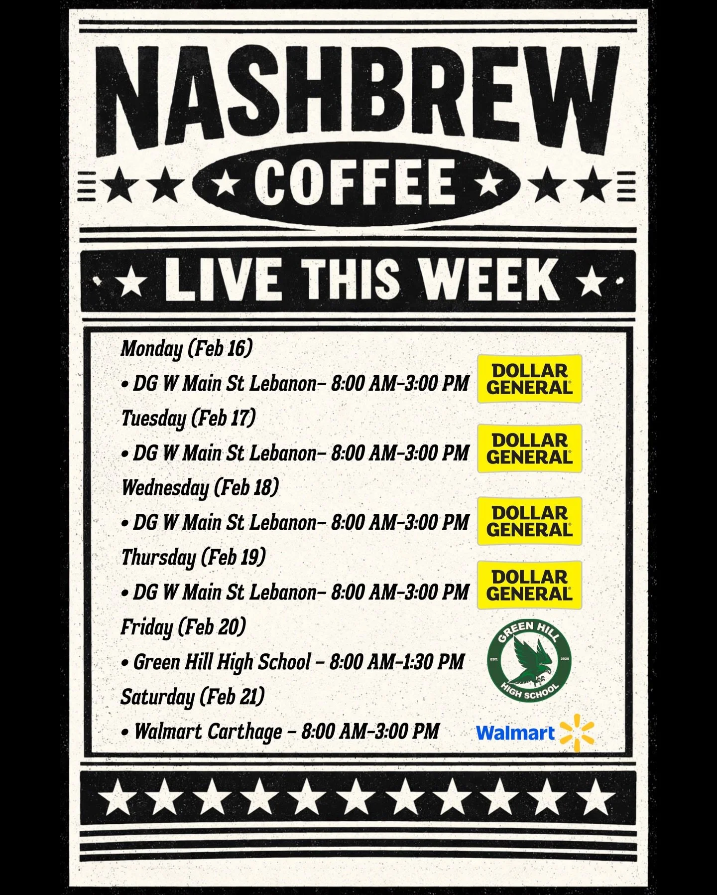 We&rsquo;re clocked in all week and running hot ☕️
Catch the trailer, catch a drink, catch a better mood.

Mon&ndash;Thurs: Dollar General W. Main St Lebanon 8&ndash;3
Friday: Green Hill High Mt. Juliet 8&ndash;1:30
Saturday: Walmart Carthage 8&ndash