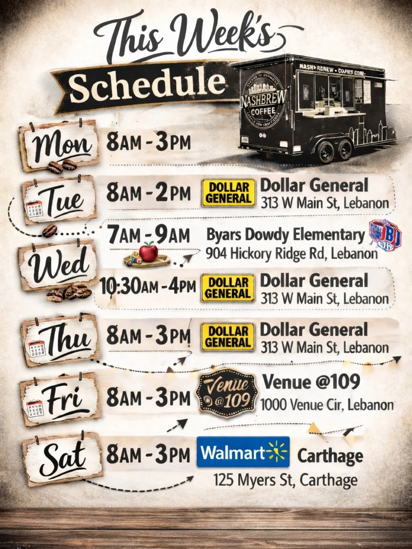 Catch us this week. Here&rsquo;s the rundown.

We&rsquo;re keeping it steady and showing up where you already are. Morning commutes. School drop-offs. Midday breaks. Same black trailer. Same strong pour.

Here&rsquo;s where we&rsquo;re posted up:

Mo