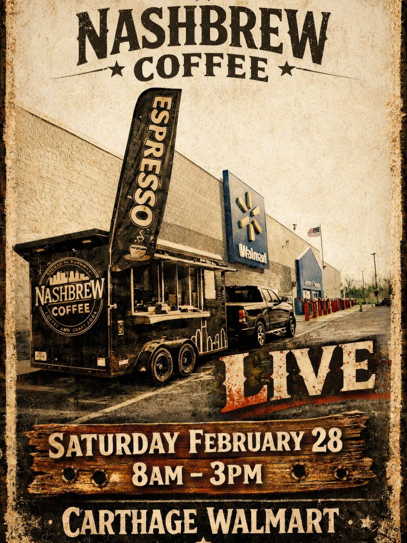 Carthage, we&rsquo;re back in the saddle tomorrow.

NASHBREW COFFEE &mdash; LIVE
📍 Walmart Carthage
⏰ 8AM&ndash;3PM

Swing by before the errands, after the errands, or instead of the errands. We won&rsquo;t tell.🤫

Trailer will be set, shots hot, s