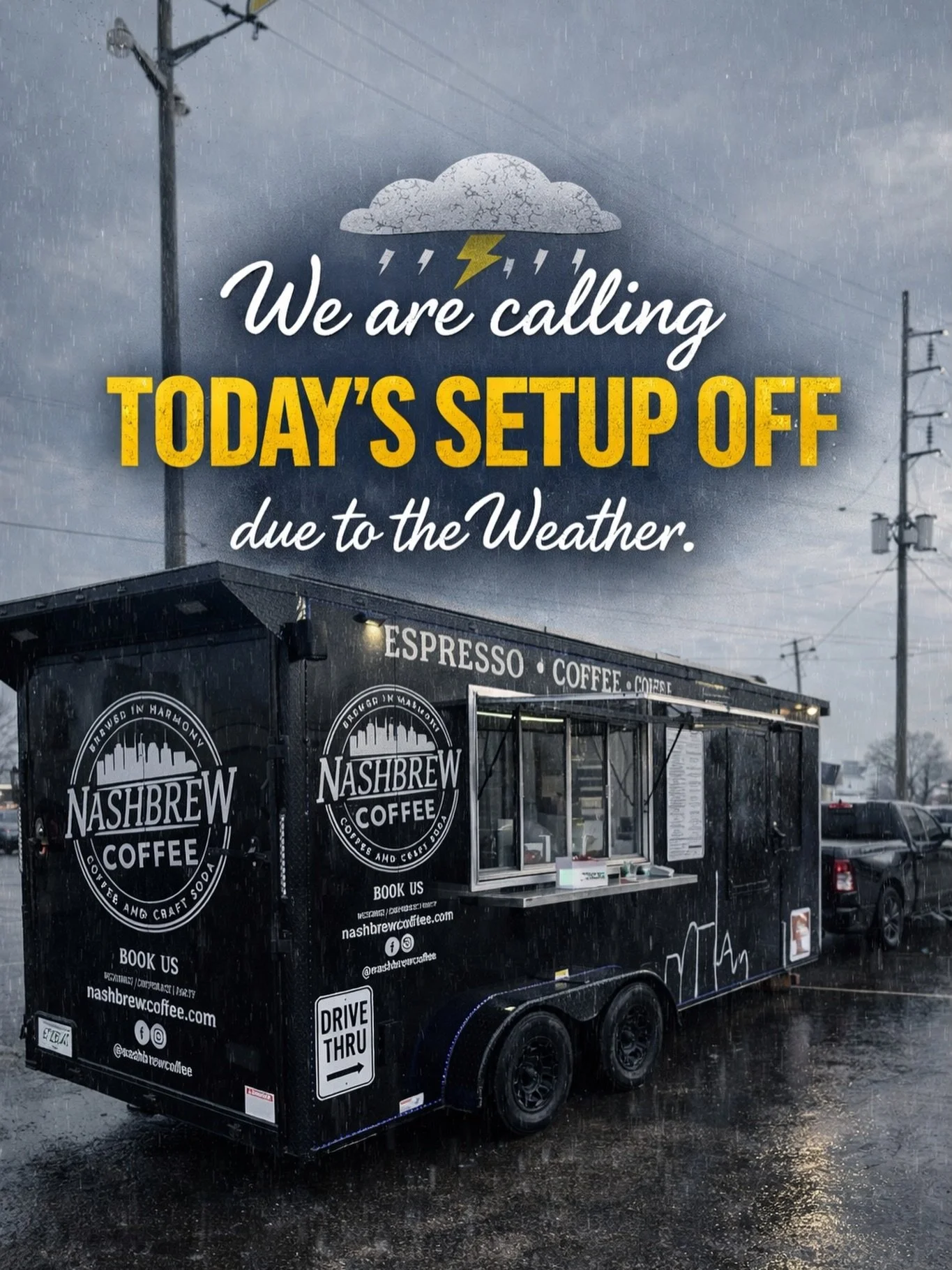 Rain and high winds are running the show today&hellip; 

We&rsquo;re calling today&rsquo;s setup off. 🌧️

We&rsquo;ll be back soon, slinging your favorites on Sunday at @themarketat109 🤘