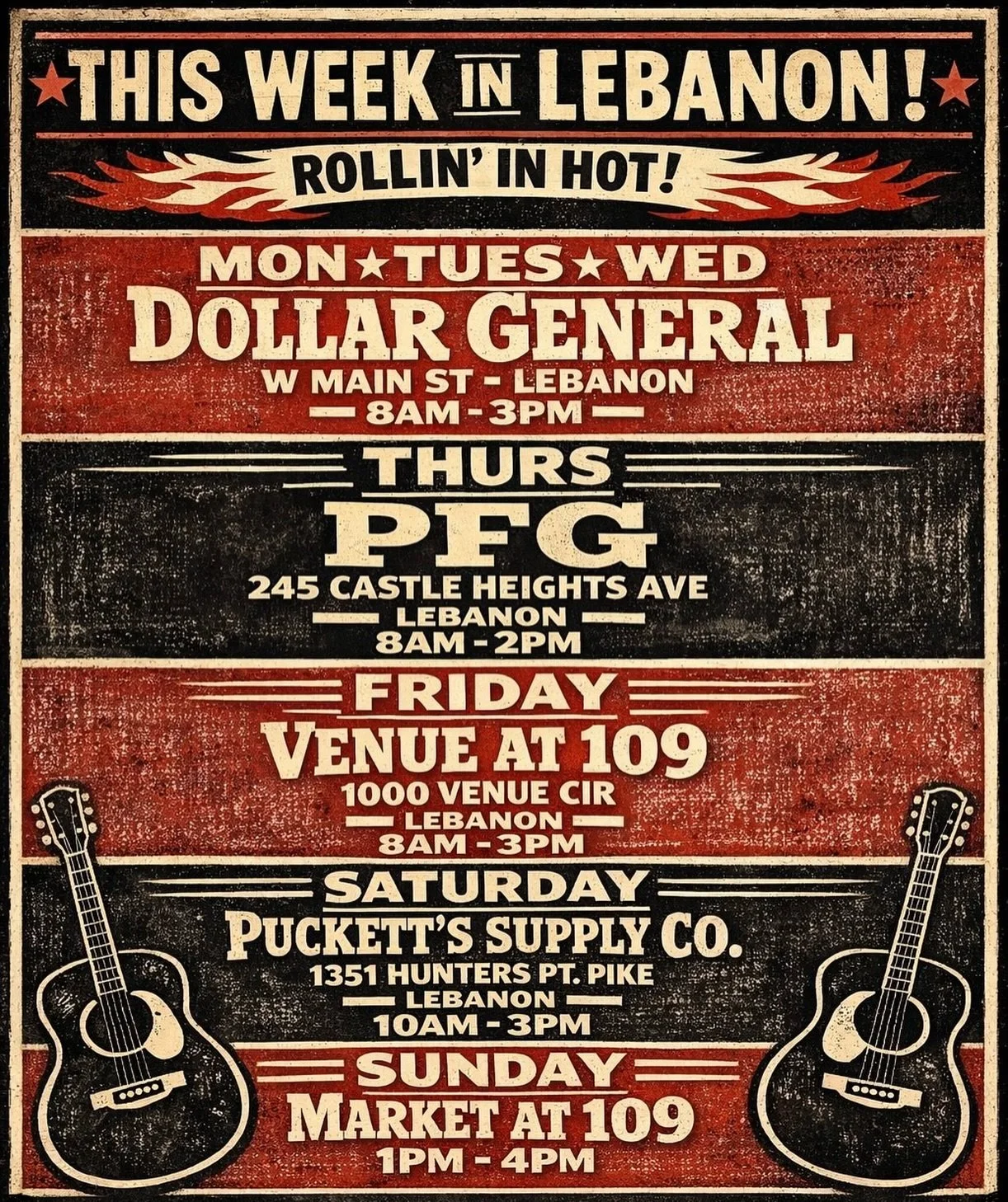 Catch us all week, no guesswork needed.

We&rsquo;re rollin&rsquo; through Lebanon like a good song you don&rsquo;t skip&mdash;same trailer, fresh pours every stop ☕️

Mon&ndash;Wed
Dollar General (W Main St)
8am&ndash;3pm

Thursday
PFG
8am&ndash;2pm