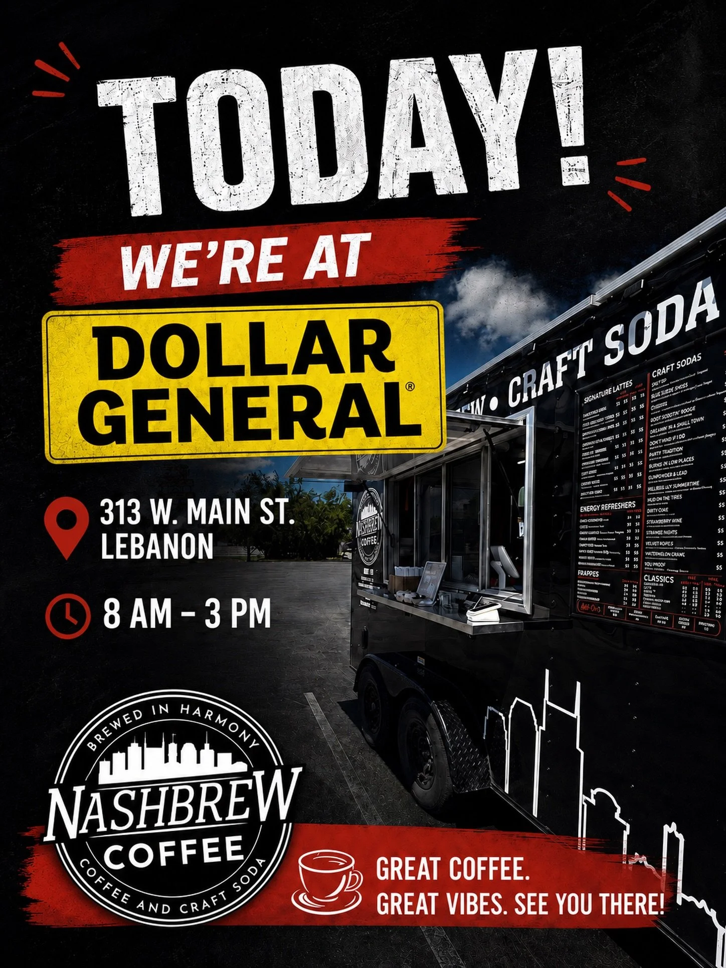 Lebanon, we&rsquo;re posted up at Dollar General today ☕️⚡️

313 W. Main St.
8 AM &ndash; 3 PM

Coffee, craft sodas, energy refreshers, and enough espresso to keep the day rolling smooth. The trailer&rsquo;s open, the music&rsquo;s up a notch, and th