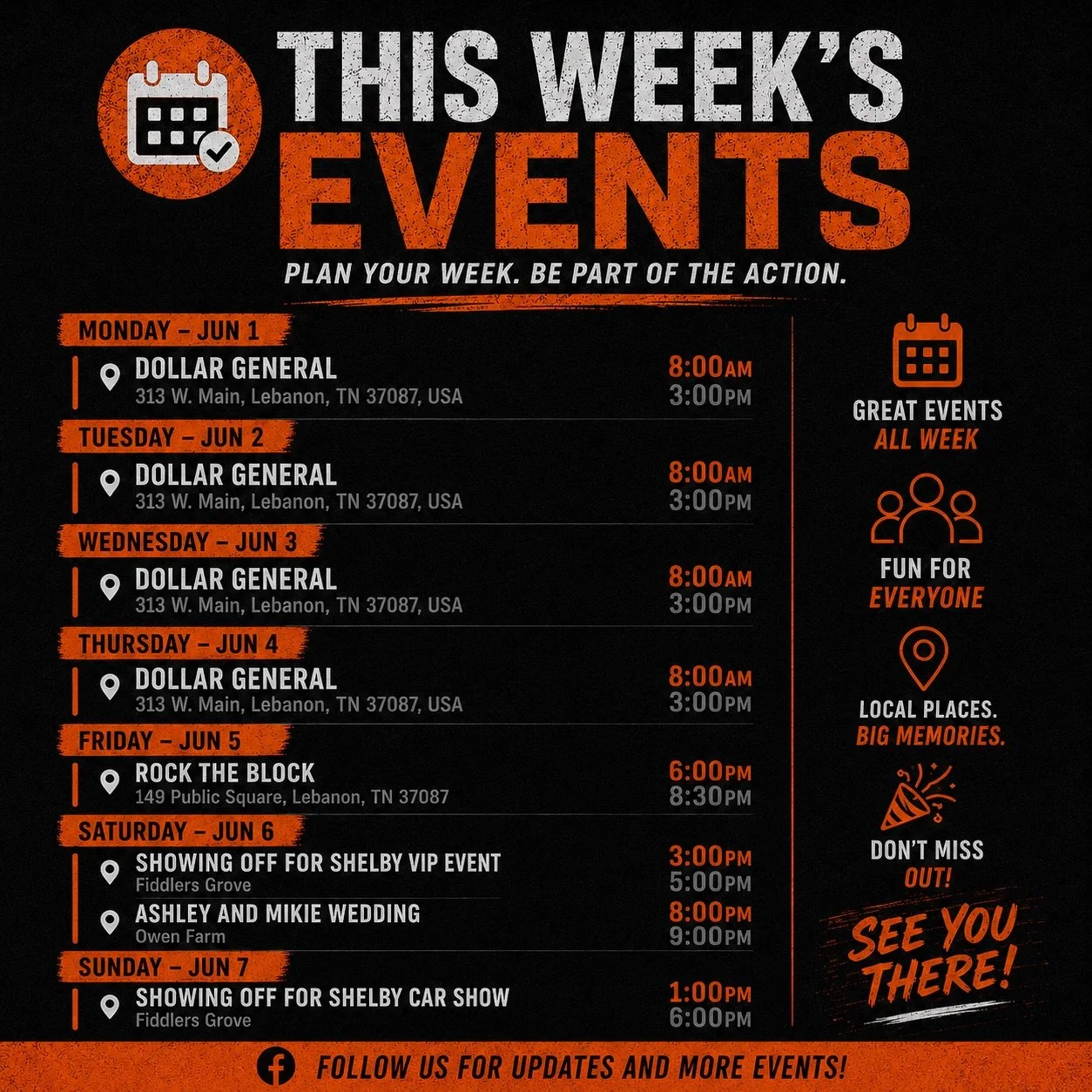 We&rsquo;ve got a full week ahead and the trailer will be doing a little ramblin&rsquo; around Middle Tennessee. ☕️🎶

📍 Mon&ndash;Thu | Dollar General
8am&ndash;3pm313 W. Main St., Lebanon

🎸 Friday | Rock the Block
6pm&ndash;8:30pm149 Public Squa