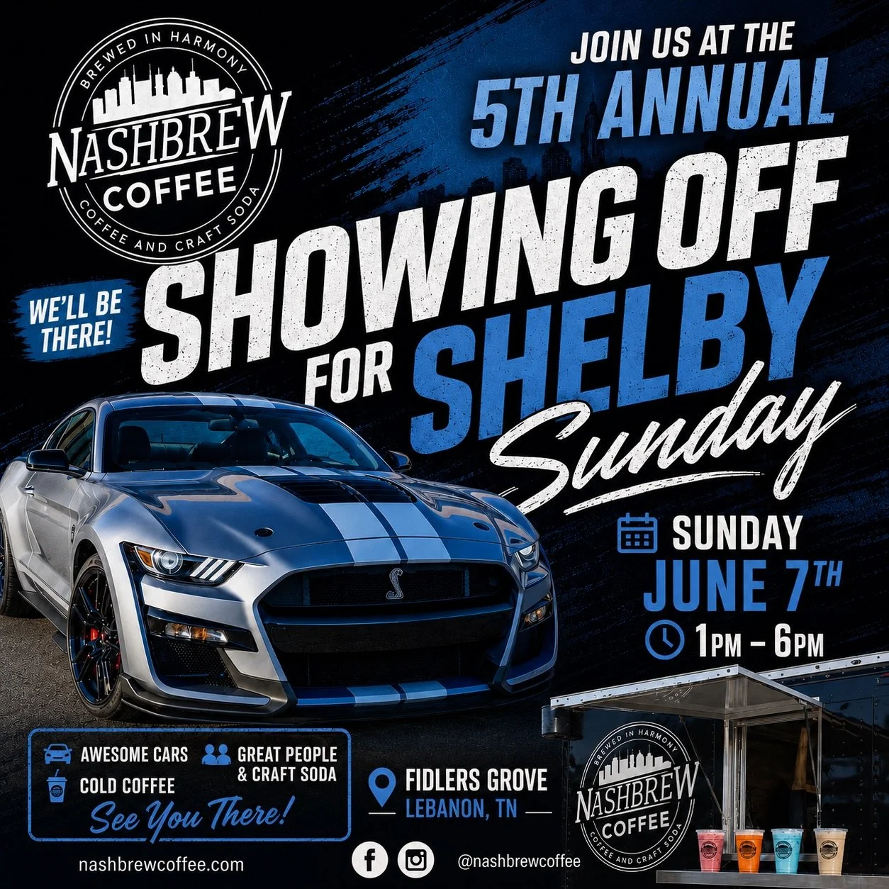 Mustangs, memories, and great drinks. Sounds like a pretty good Sunday. 🏁☕️

Tomorrow we&rsquo;ll be at the 5th Annual Showing Off For Shelby at Fiddlers Grove in Lebanon, TN from 1pm&ndash;6pm.

Come check out some incredible rides, meet great peop