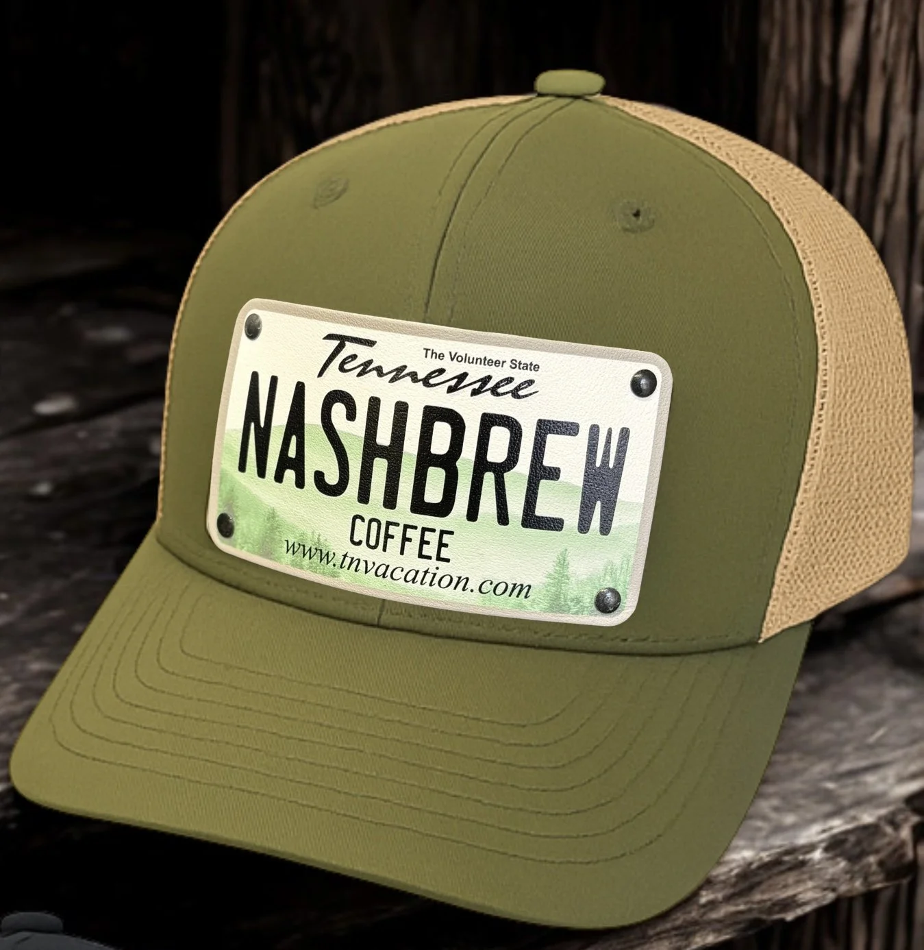 Nashbrew TN Green Rolling Hills License Plate Trucker Hat by CityLocs