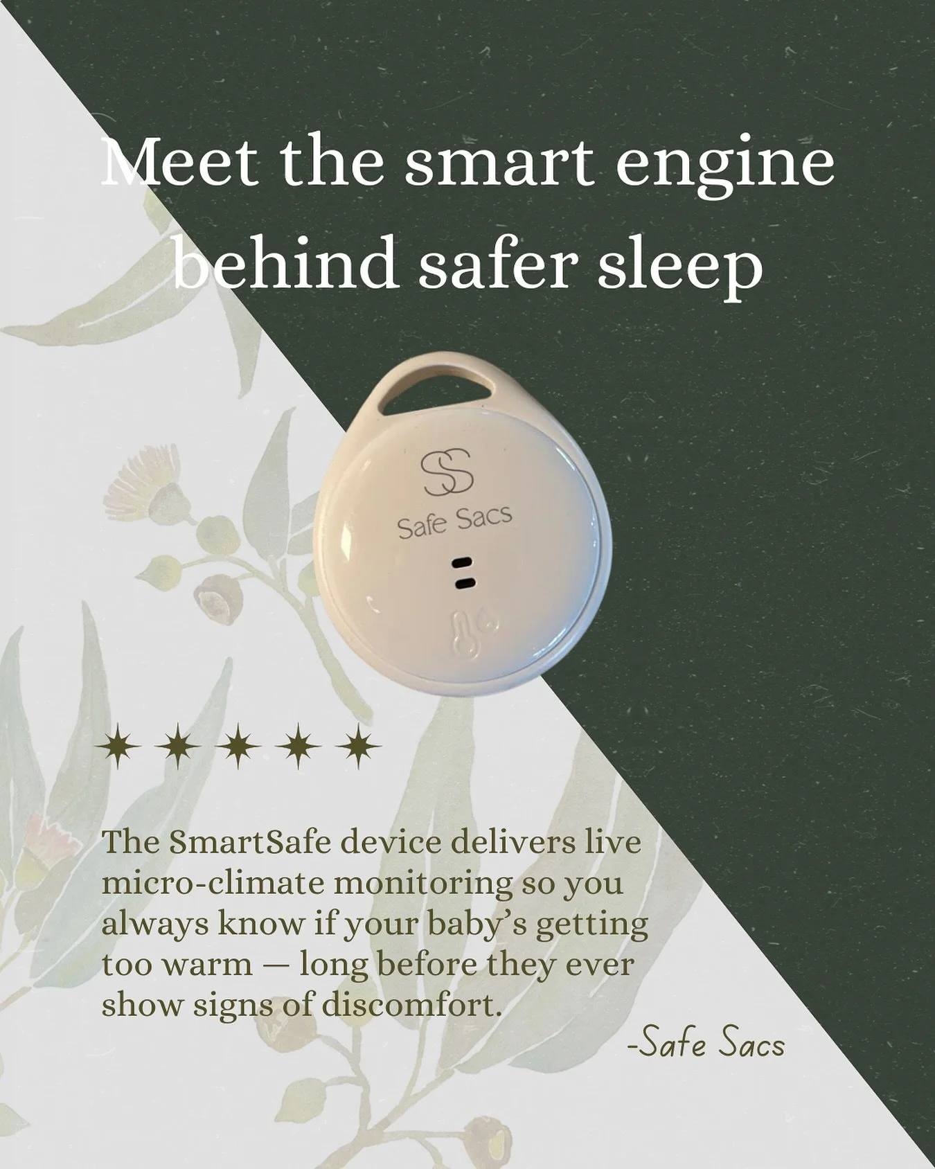 Our Australian first SmartSafe device tracks temp+humidity with advanced dual sensor tech that gives you alerts the moment anything shifts 🍃 

This is the little brain inside the Safe Sac that helps prevent overheating by keeping your baby&rsquo;s s