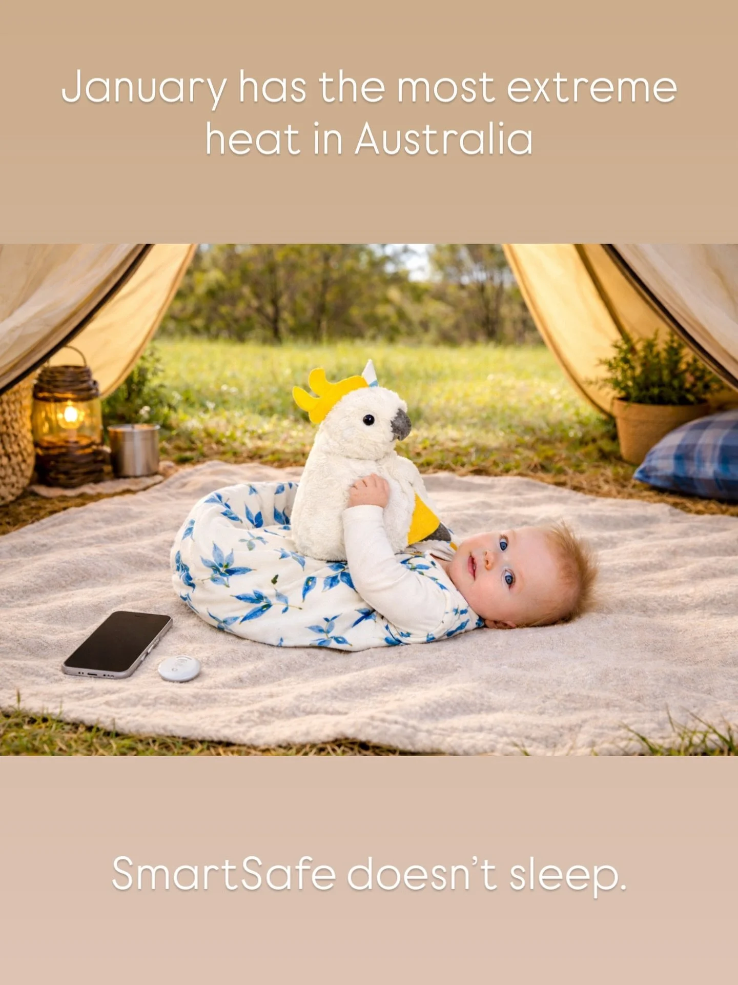 Extreme heat doesn&rsquo;t mean you have to stop doing what you love 🏕️ 
Tent temperatures can rise quickly with little regulation- even overnight.
This is why monitoring their ambient sleep environment matters.
Partnered with our 0.5TOG Safe Sac, y