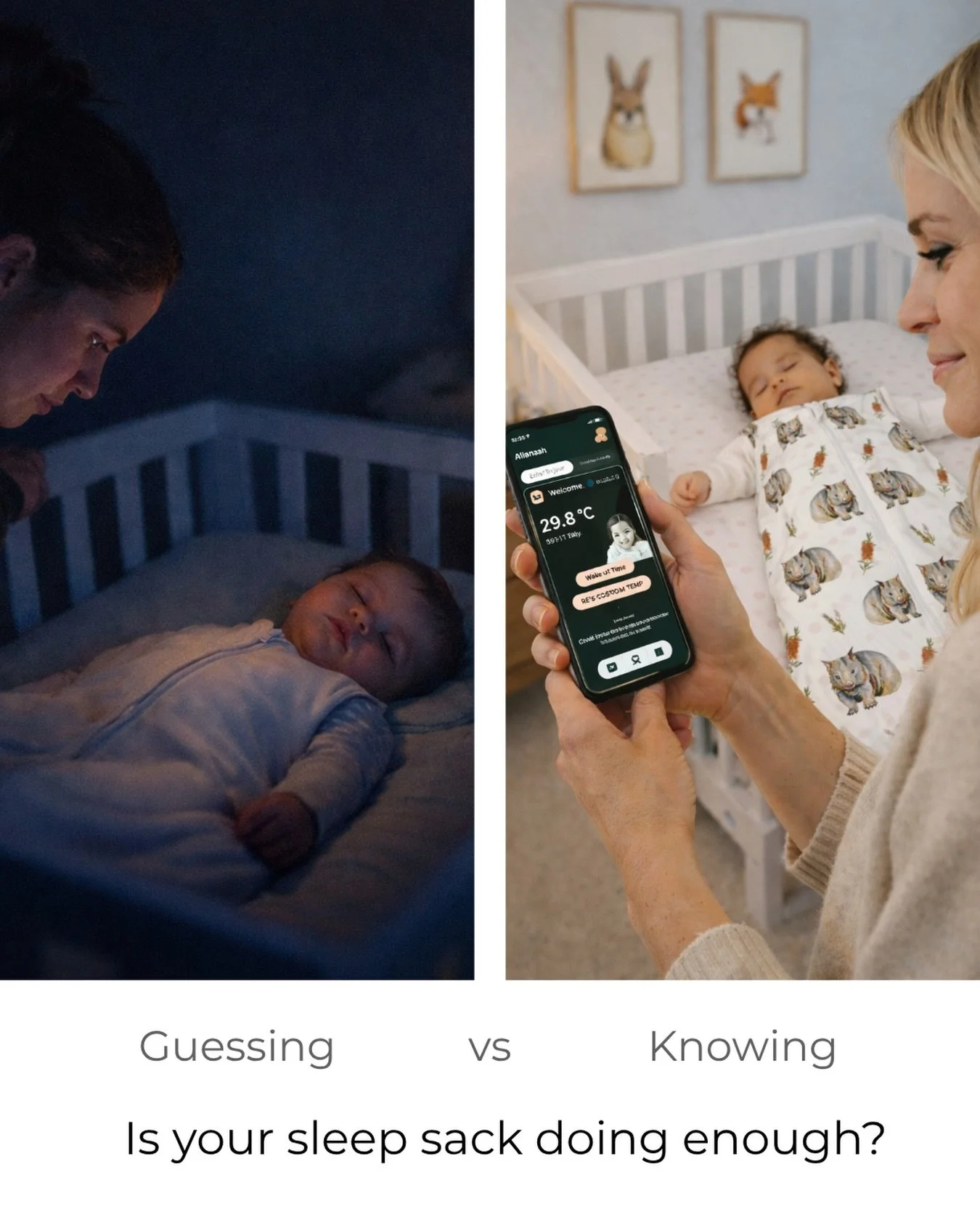 The real problem? You&rsquo;re still guessing.

Your sleep sacks help regulate warmth - ours monitor it.
Upgrade the way you and your baby sleep