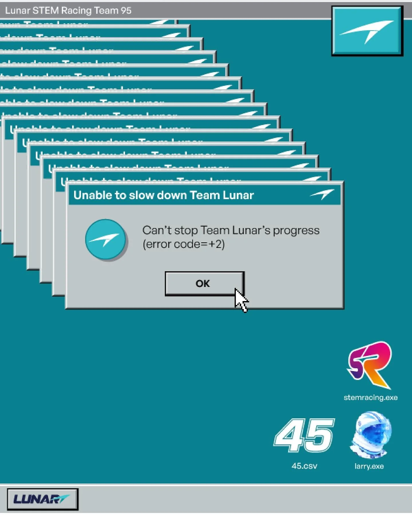 Welcome to Lunar 95 🖥️👨&zwj;🚀

Booting up World Finals mode&hellip;
⚠️Error screen detected: Unable to slow down 

.
#f1 #f1inschools #formula1 #stemracing #stem #education #australia #singapore #ausgp #engineering #brightongrammar #motorsport #ar