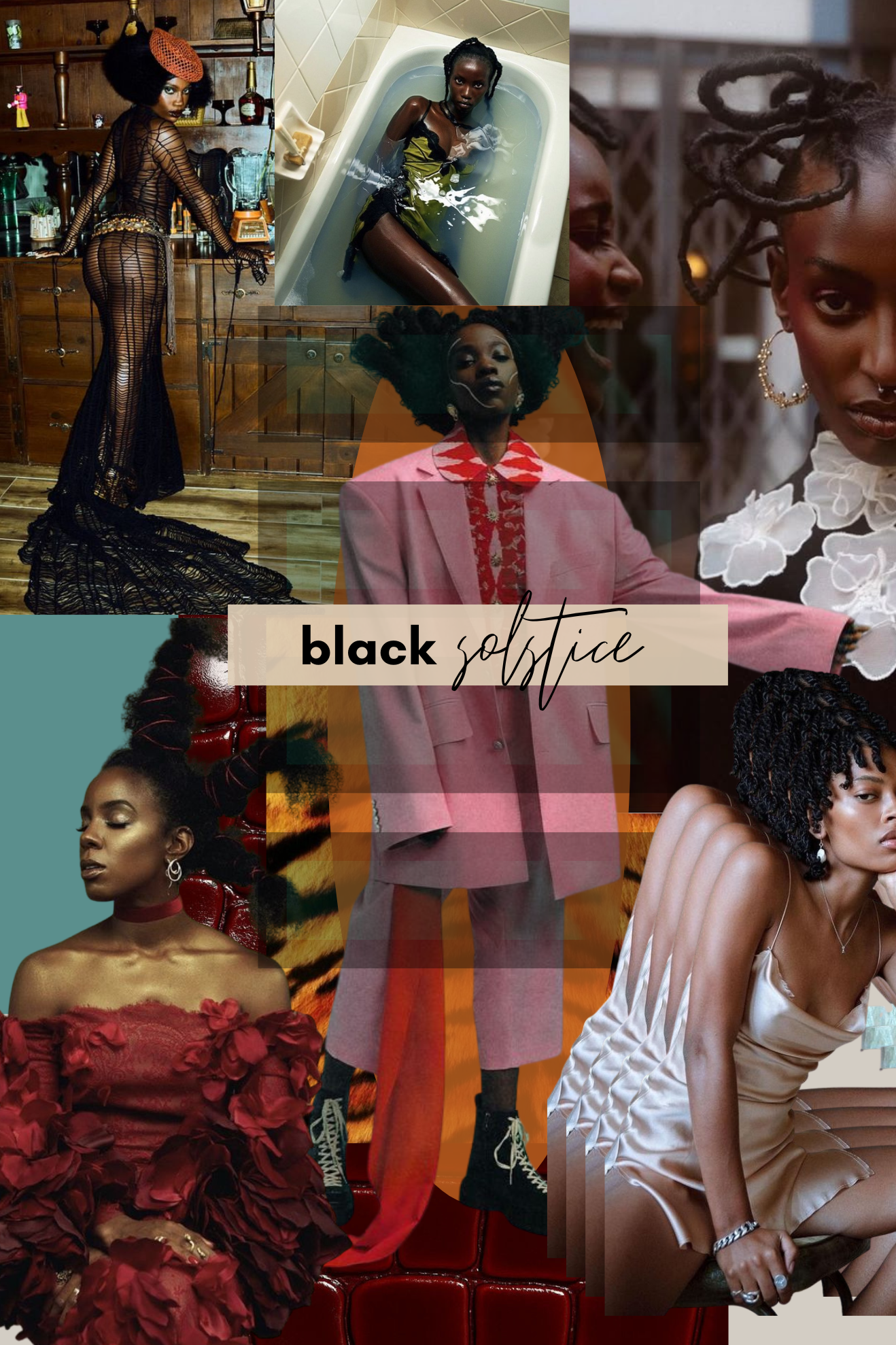 Collage of various images of Black women with diverse hairstyles and fashion, including one in a black knit outfit, one in a pink blazer, one in a beige satin dress, and others showing different hair textures and styles, with the text 'black solstice' in the center.