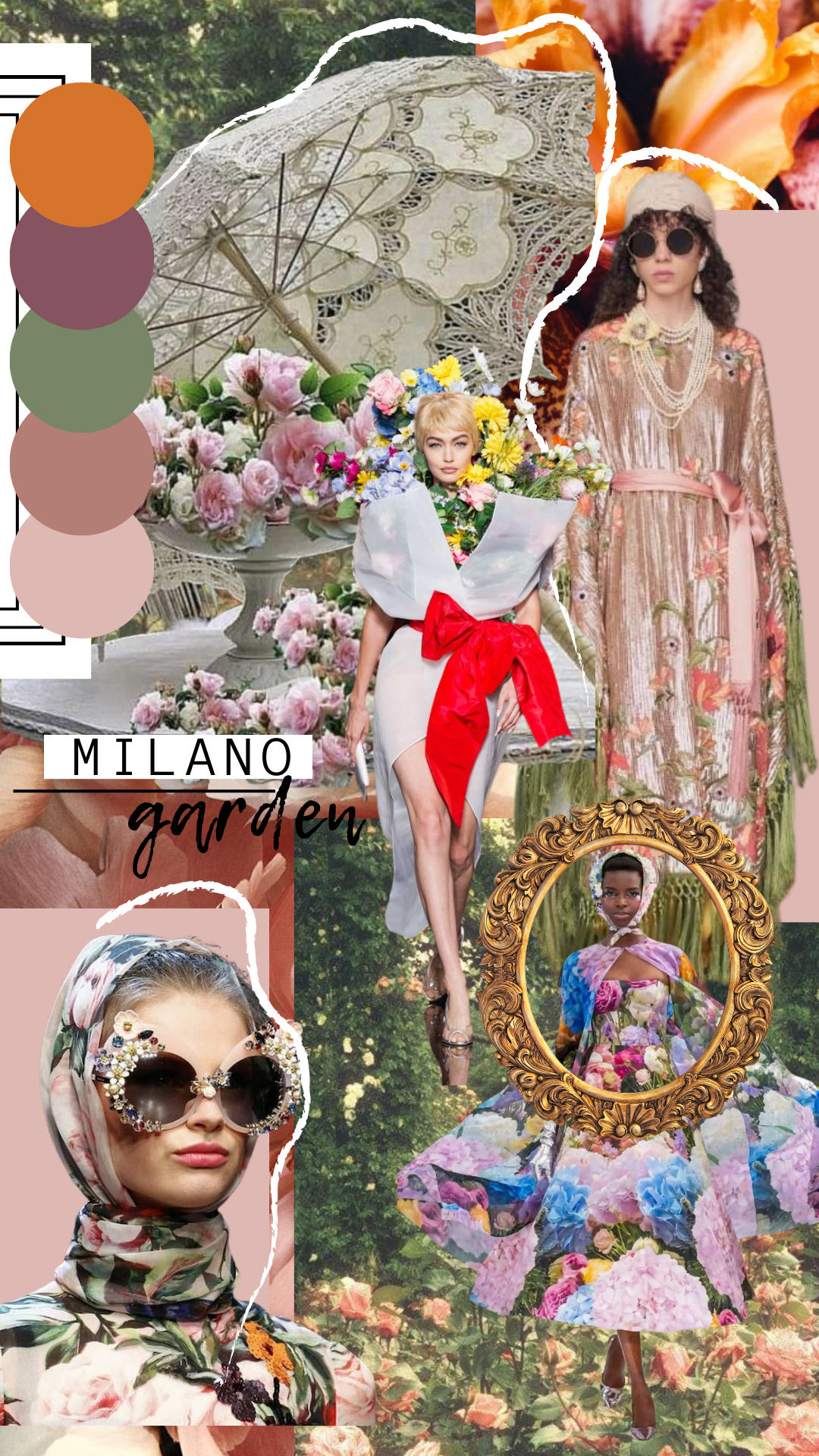 Collage of fashion models and floral elements with the text 'Milano Garden'. The models are dressed in floral-themed clothing and accessories, with one holding an ornate parasol and another wearing sunglasses, set against a garden background.