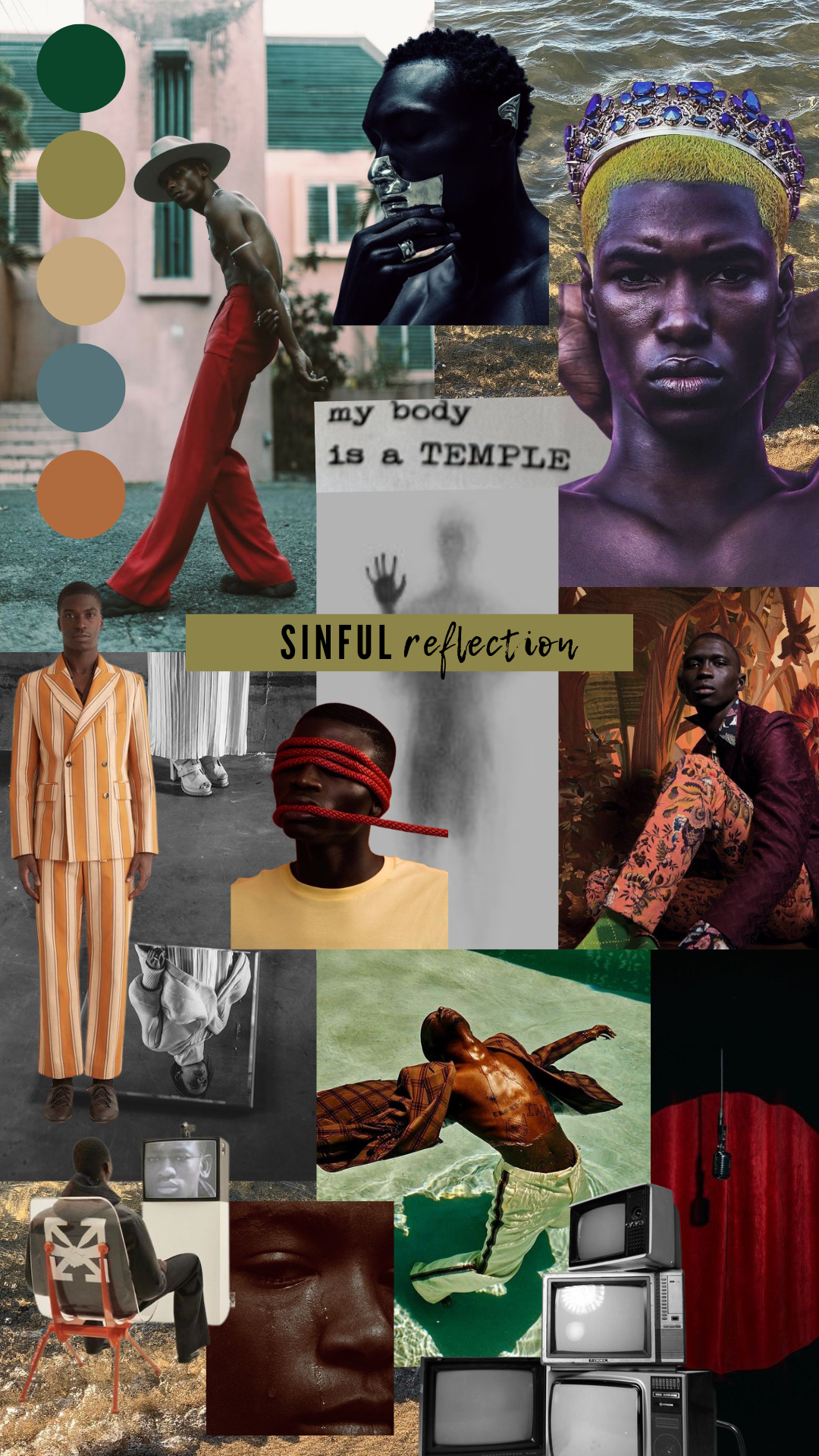 A collage of diverse images of Black individuals in various settings and poses, with the words "my body is a TEMPLE" and "SINFUL reflection" overlaid.