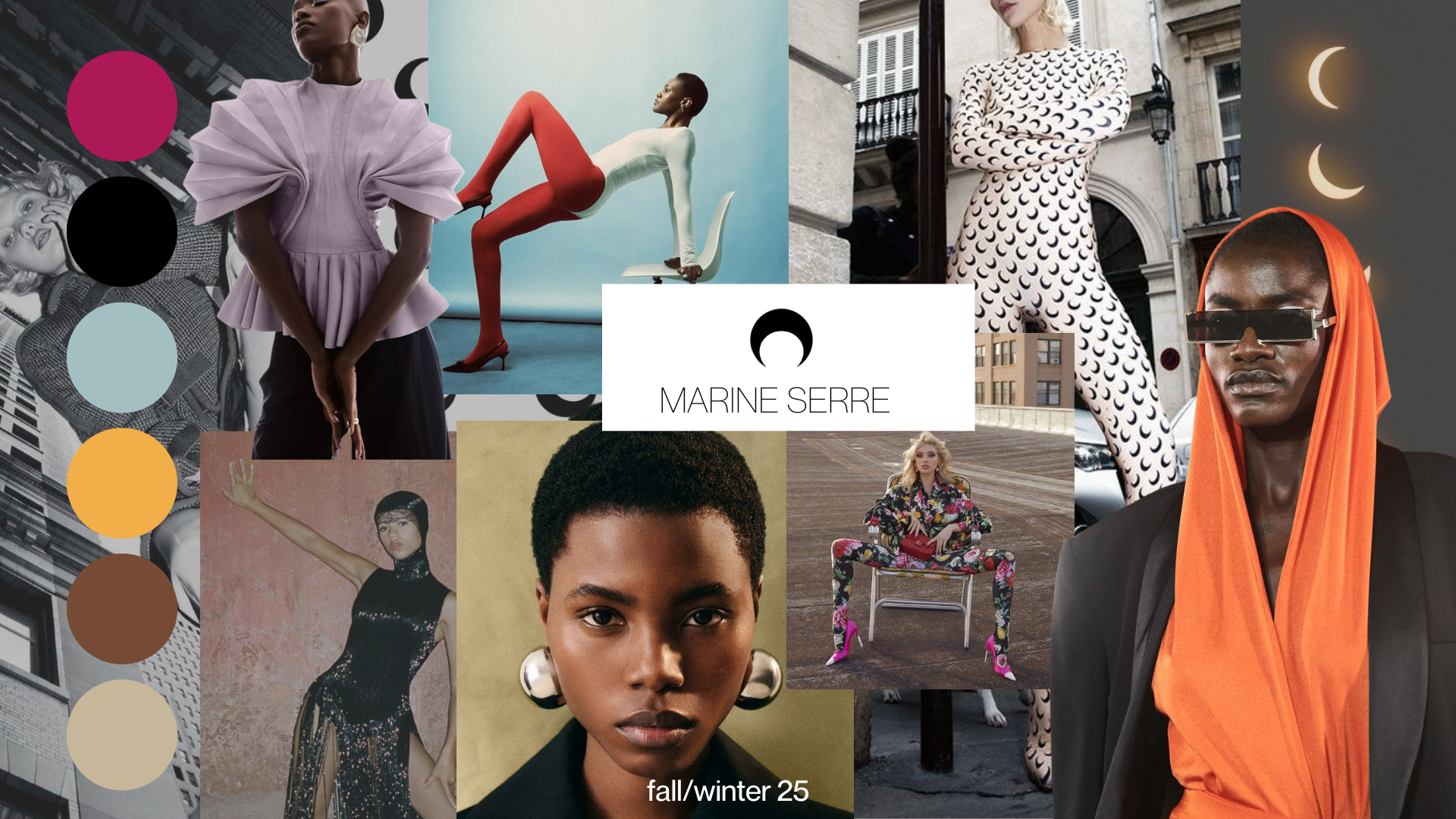 Collage of fashion models showcasing fall/winter clothing from Marine Serre's 2025 collection, including diverse styles, bold patterns, and accessories with a color palette on the left side.