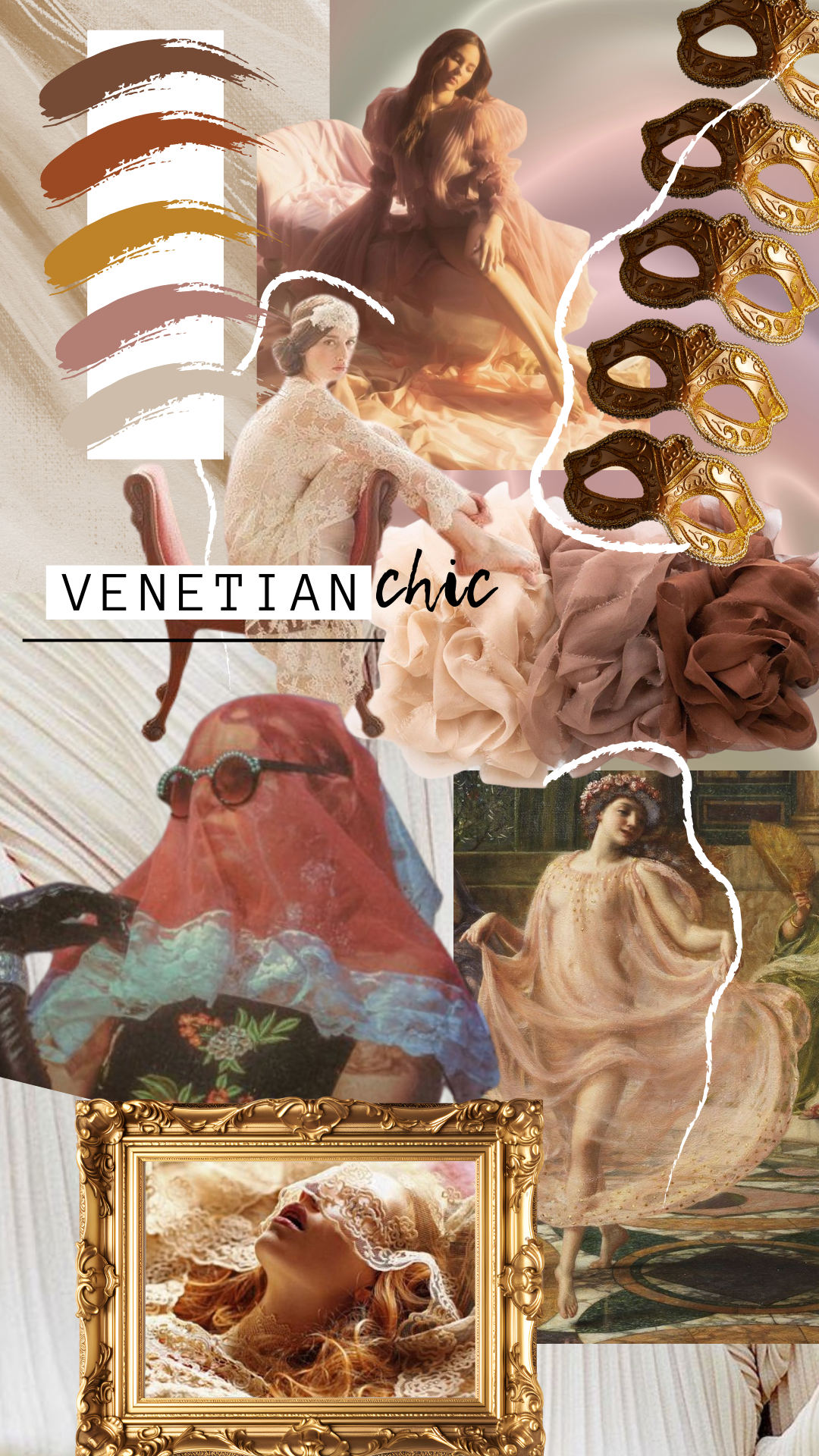 A collage featuring women in vintage and elegant fashion, ornate masks, lace accessories, and artistic portraits, with the text 'Venetian chic' overlaying the image.