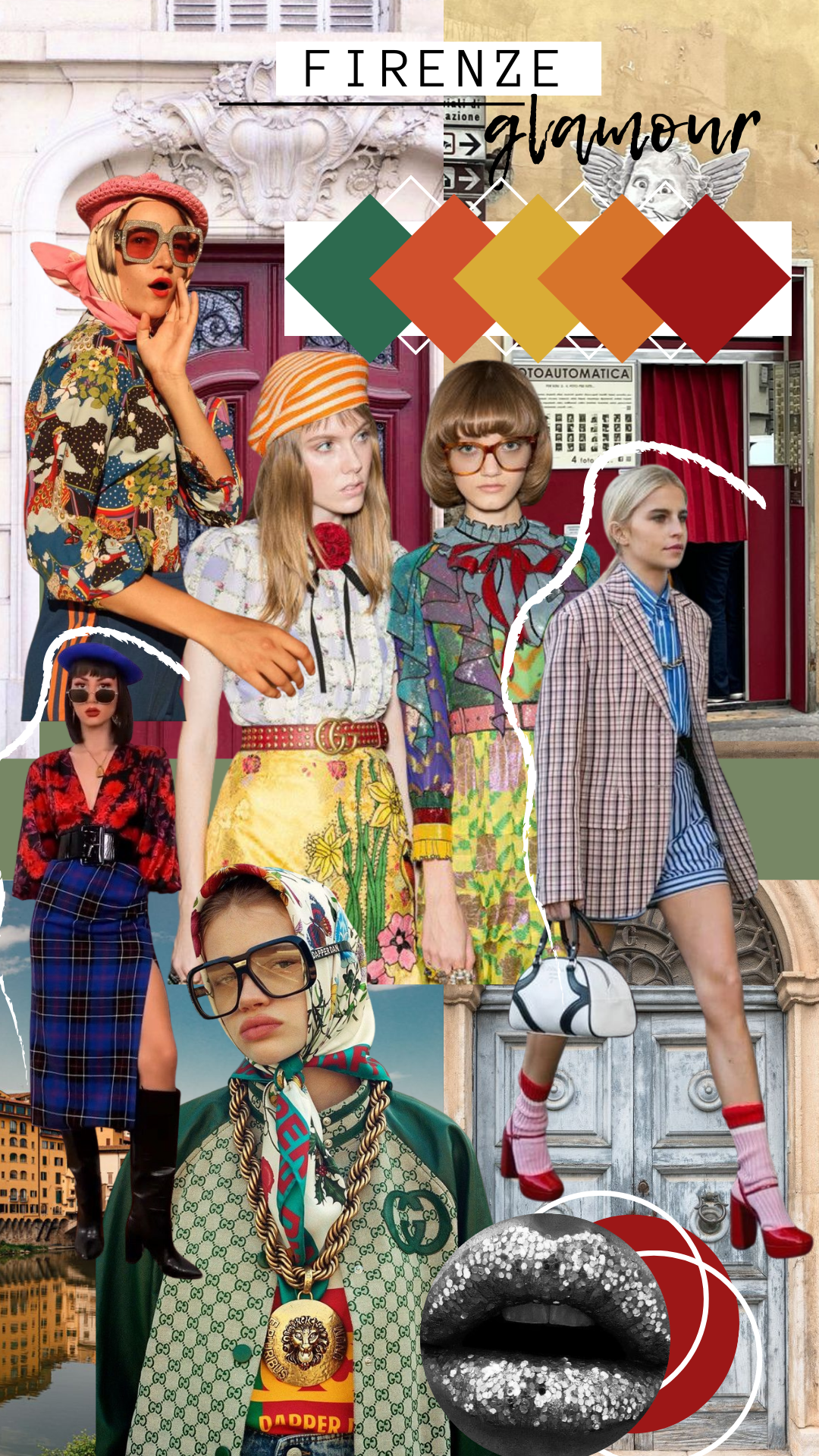 A collage of stylish women in colorful, retro, and eclectic fashion against urban backgrounds, with the text "Firenze glamour" at the top and a color palette below.