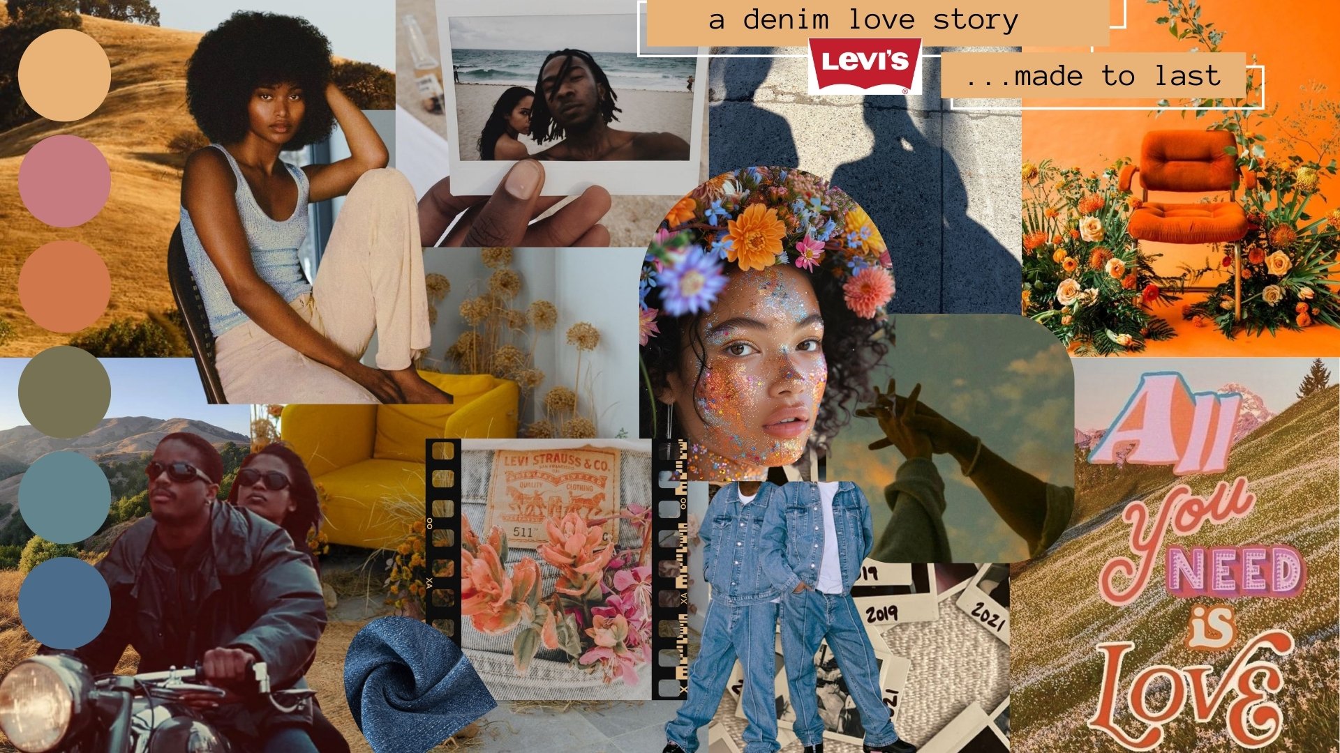 Collage featuring diverse people, floral arrangements, a beach scene, a vintage Levi's advertisement, and motivational text about love and self-expression.