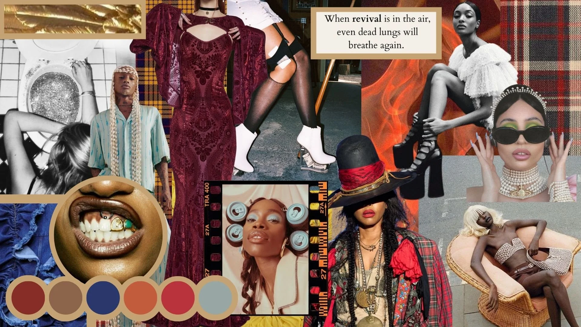 Collage of diverse women with various fashion styles, makeup, and accessories, including jewelry, hats, and sunglasses, in vibrant and monochrome images.