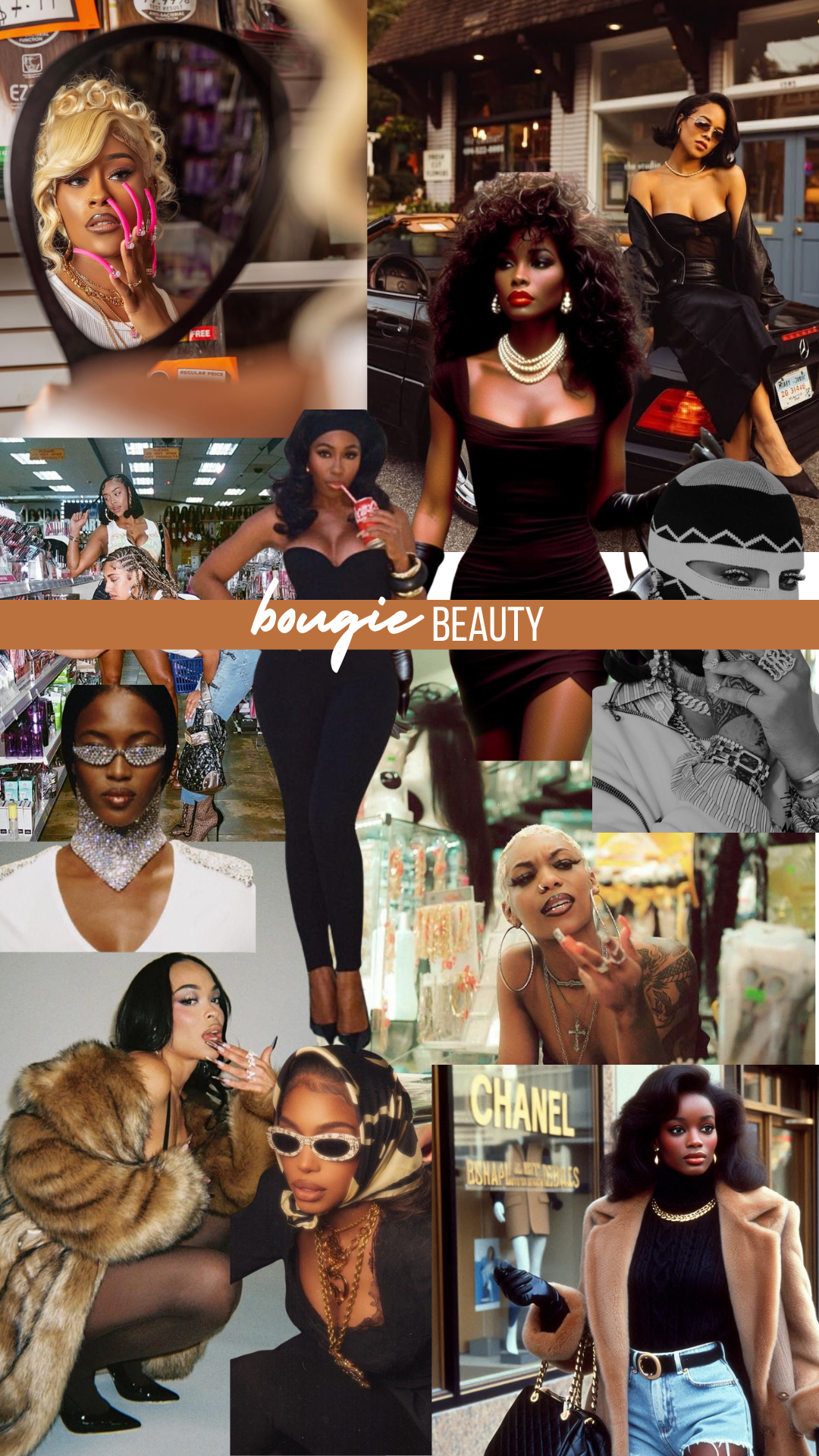 A collage of women with diverse fashion, makeup, and accessories in urban and retail settings, featuring bold styles and jewelry.
