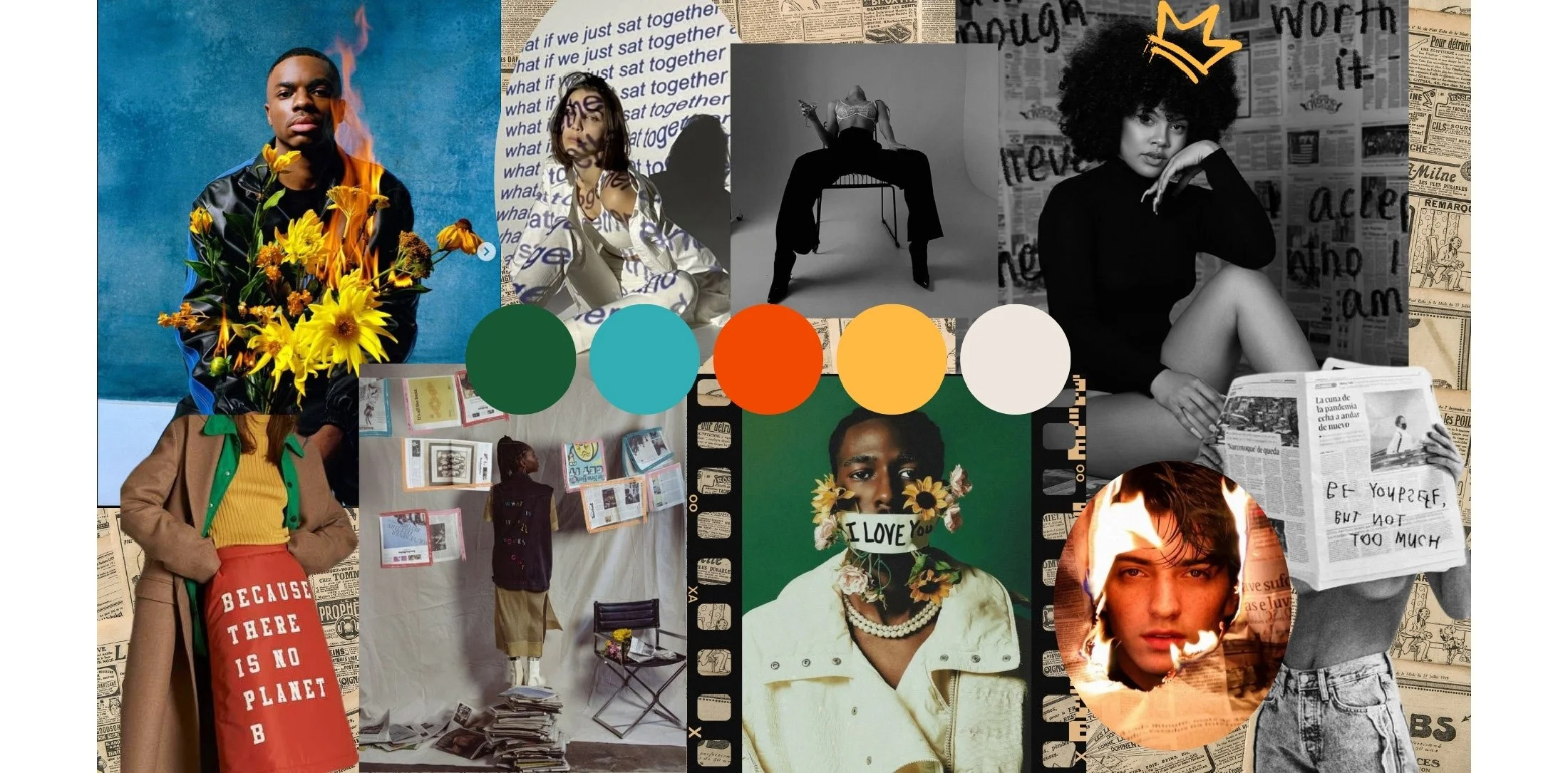 A collage of diverse artistic photographs. It includes portraits of people, some with colorful backgrounds, flowers, and graffiti, along with scenes of someone reading newspapers and viewing art displays. The collage has a mixture of black-and-white and color images.