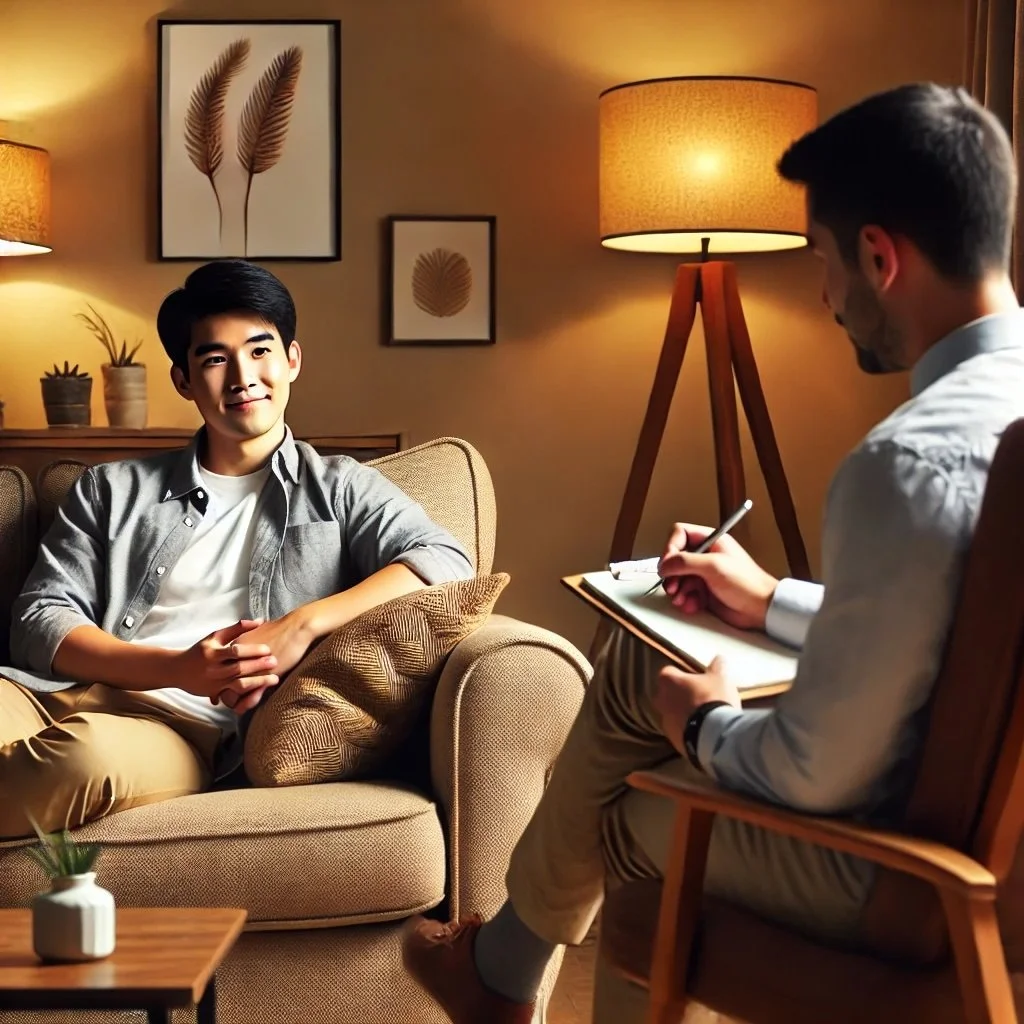 A therapy session in a cozy room with warm lighting, featuring a therapist with a clipboard and a client sitting on a couch. This scene conveys the interpersonal relationship and trust that a therapist and patient can have.