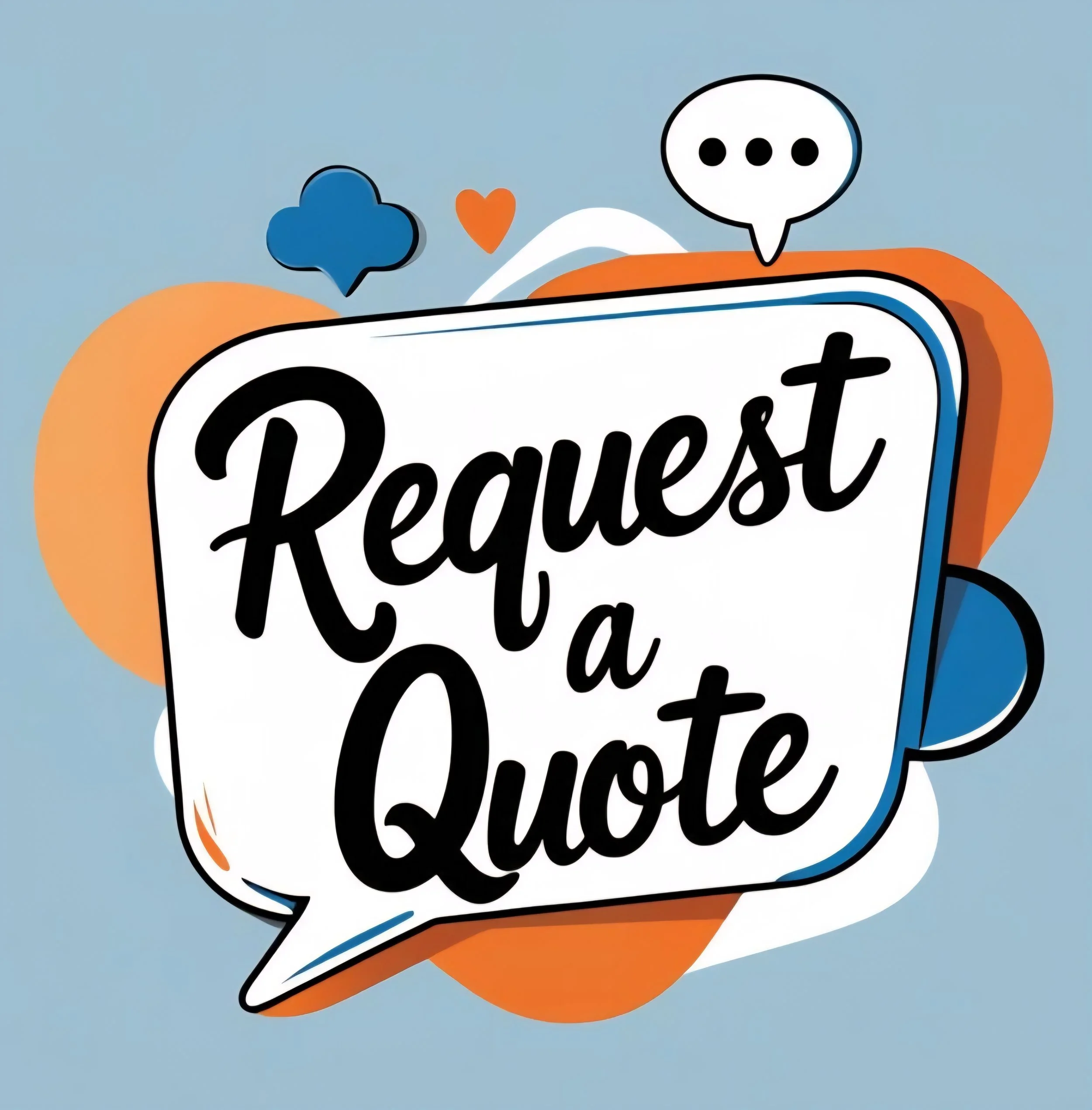 Illustration with a speech bubble and text saying 'Request a Quote' in bold black script, surrounded by colorful abstract shapes and small icons like hearts and speech bubbles, on a light blue background.