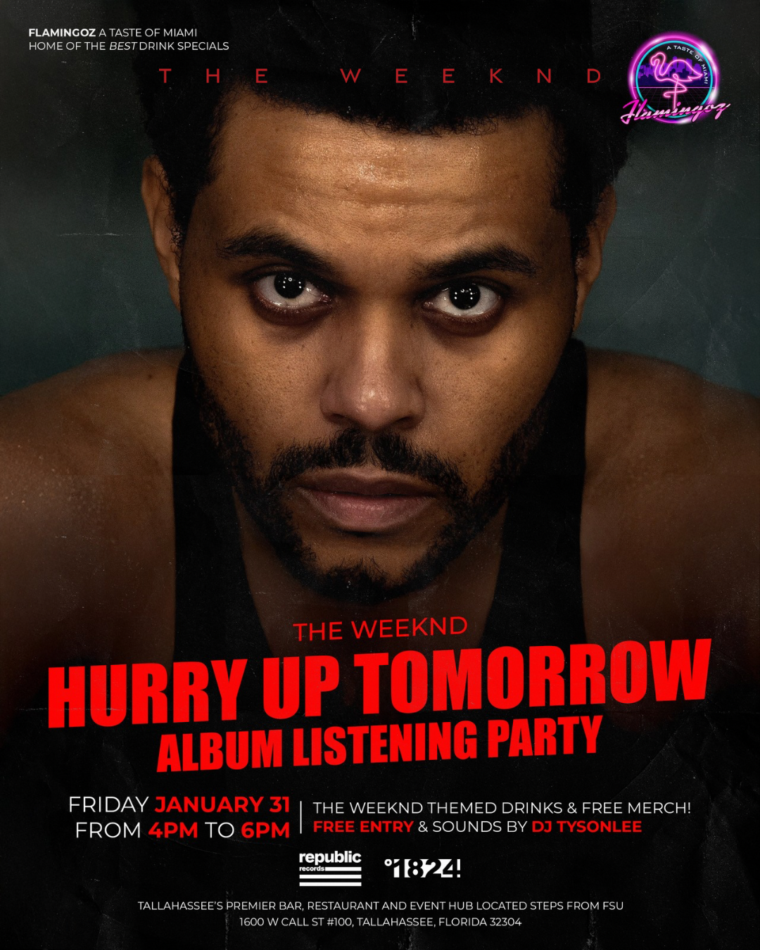 Close-up of a man's face with intense gaze, short curly hair, and beard, promoting a party event at Flamingoza in Miami featuring the album HURRY UP TOMORROW on January 31 from 4 to 6 PM with free themed drinks, merchandise, and music by DJ Tysonlee.