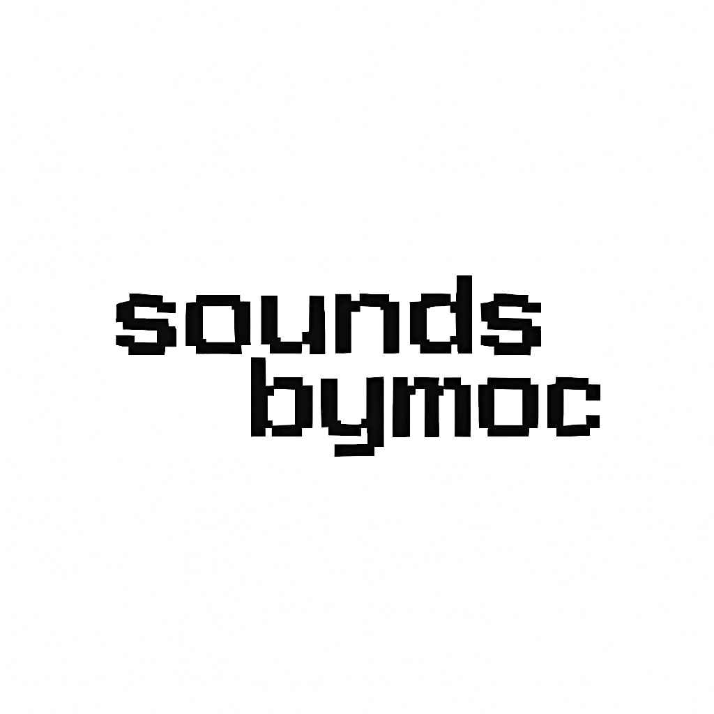 Pixelated black text on a white background that reads 'sounds by mocc'.