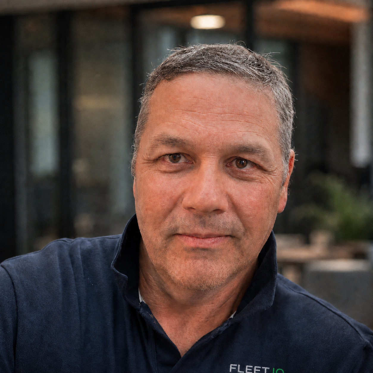 Richard Smith, Fleet IQ founder, wearing a navy Fleet IQ shirt in a professional office setting.