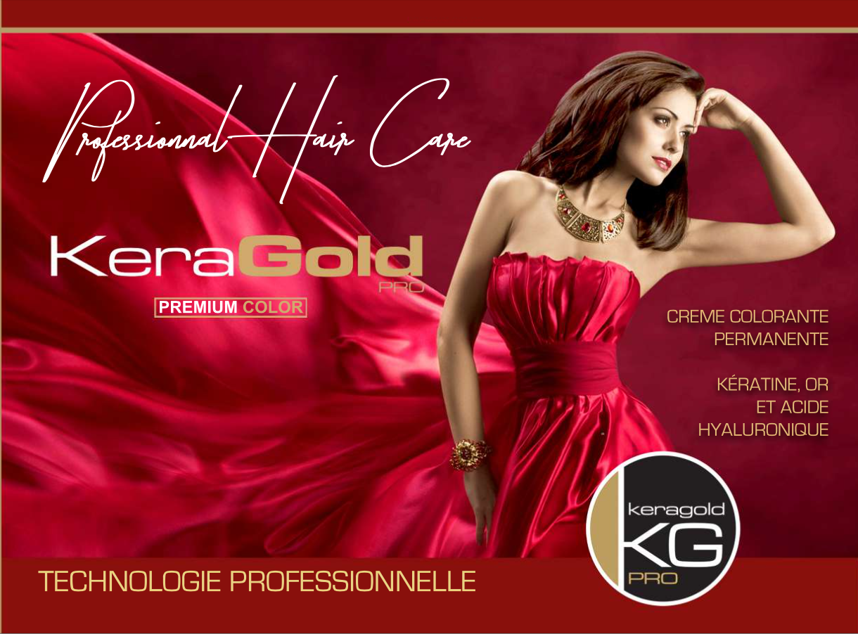Une publicité pour un produit de coloration capillaire nommé KeraGold, avec une femme portant une robe en satin rouge et une expression sophistiquée, avec un fond rouge et du texte en français.