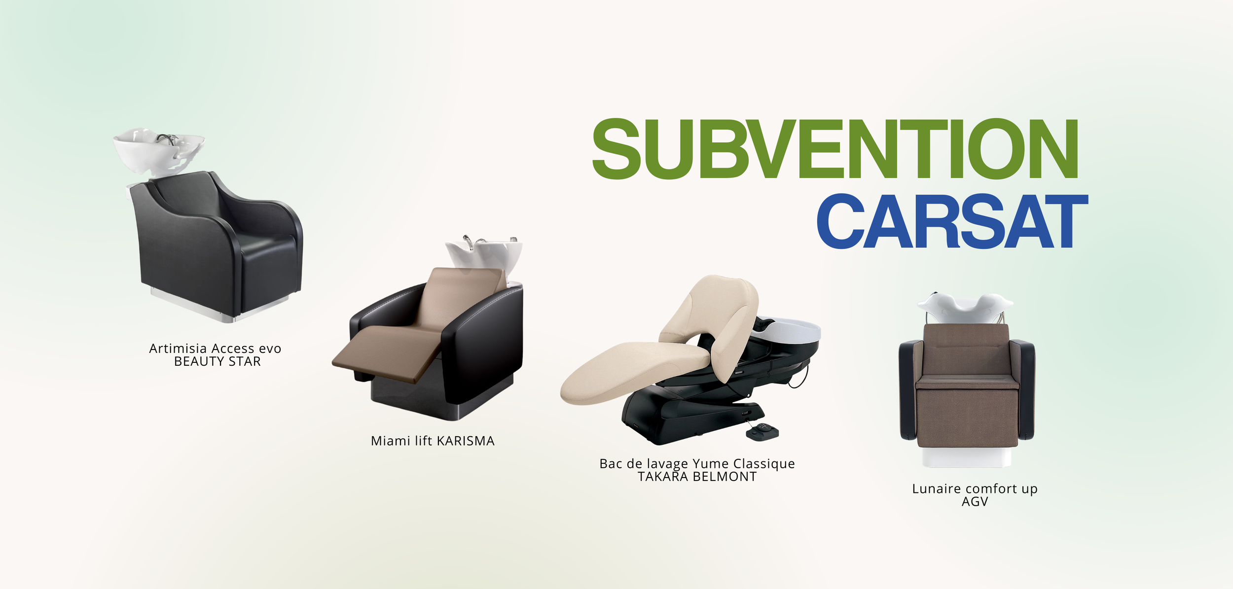 Mobilier de salon de coiffure avec fauteuils, des bacs à shampooing, et un texte en français "Subvention Carsat".