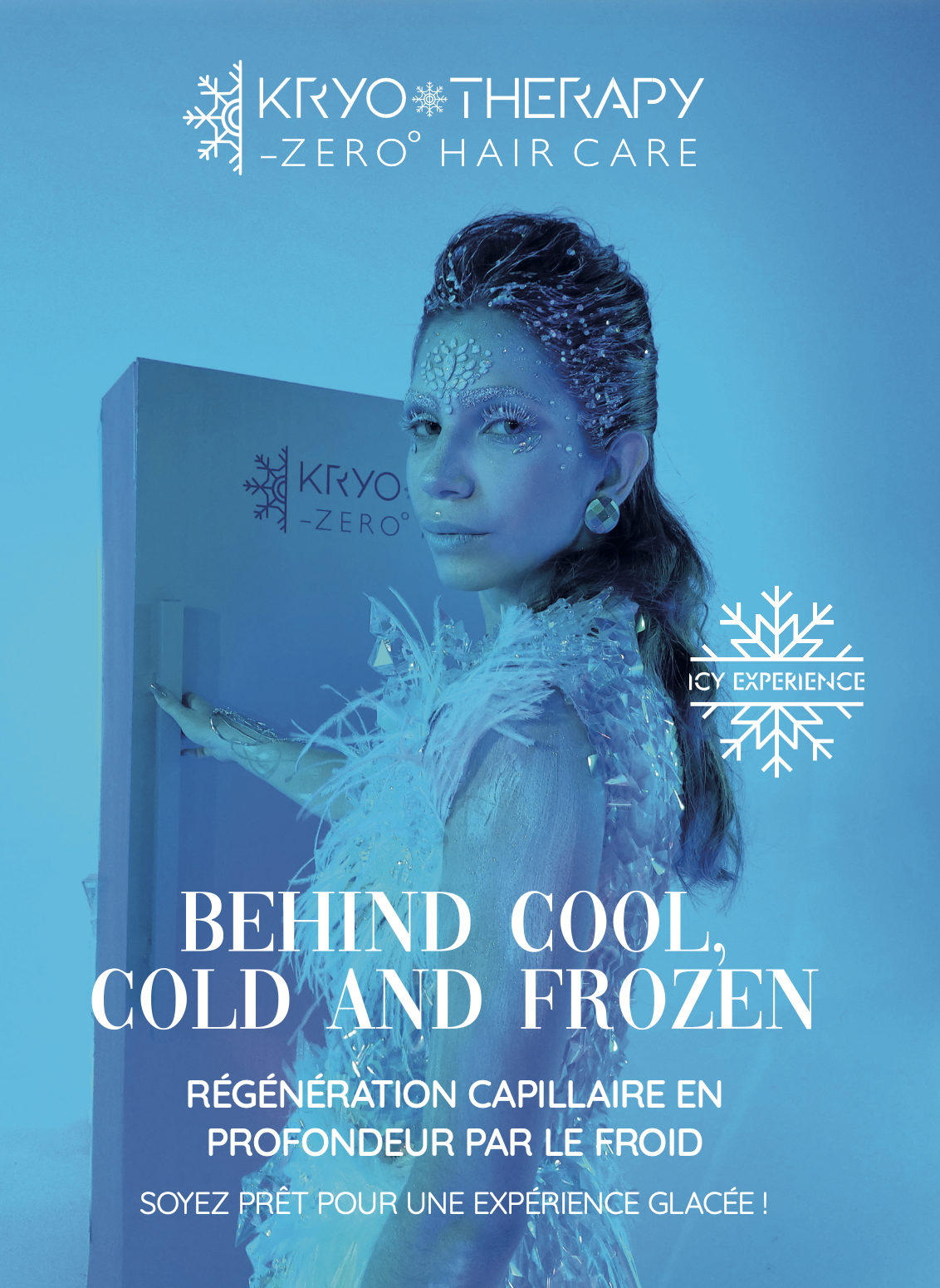 Kryotherapy. Affiche promotionnelle pour une expérience glacée Cryotherapy Zero Hair Care texte en français sur la régénération capillaire par le froid, style hivernal