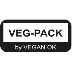 Étiquette de produit végétalien avec le texte 'VEG-PACK by VEGAN OK'