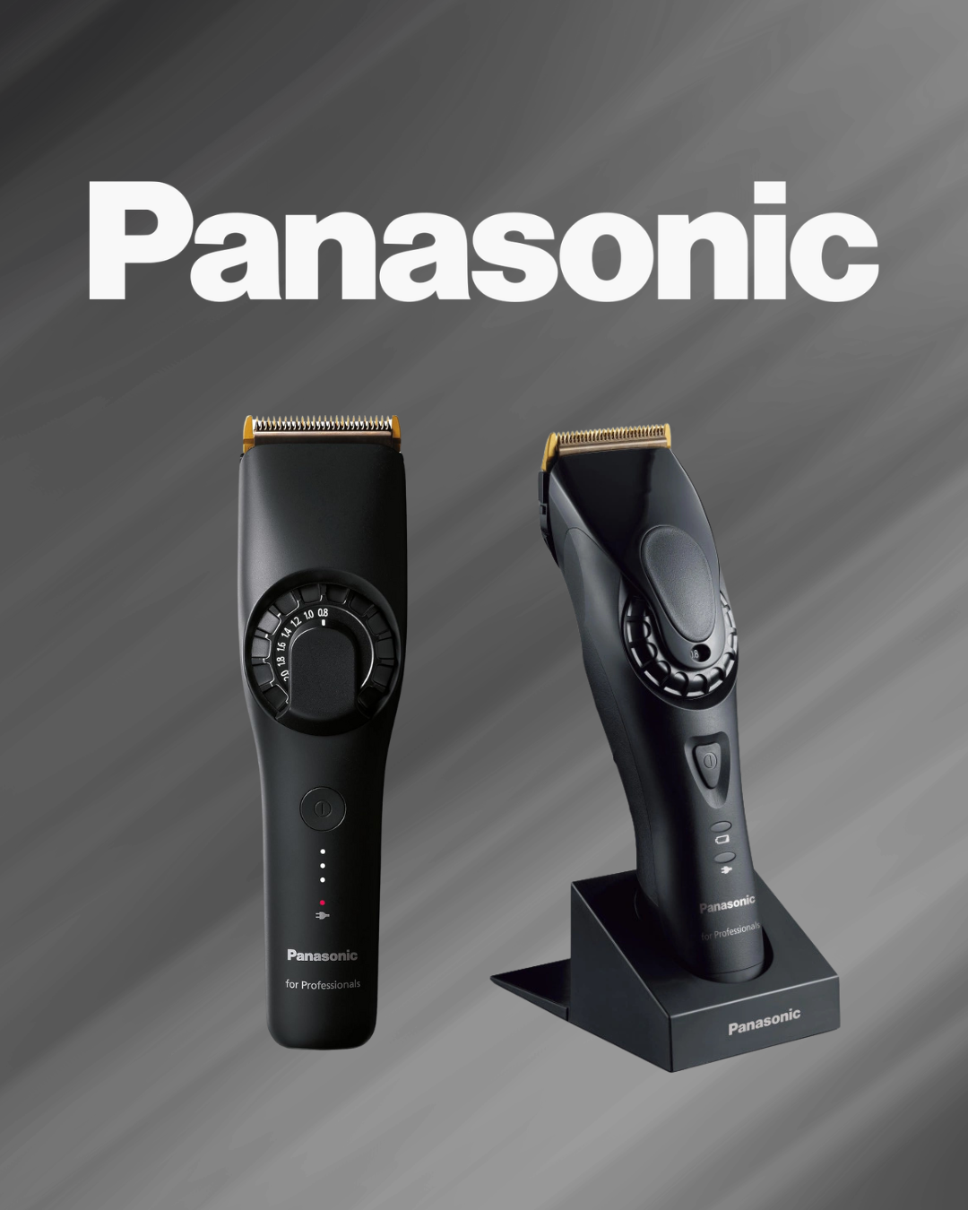 Deux tondeuses à cheveux Panasonic pour professionnels, une avec réglage de longueur et une autre sur un socle de chargement, avec le logo Panasonic en arrière-plan.