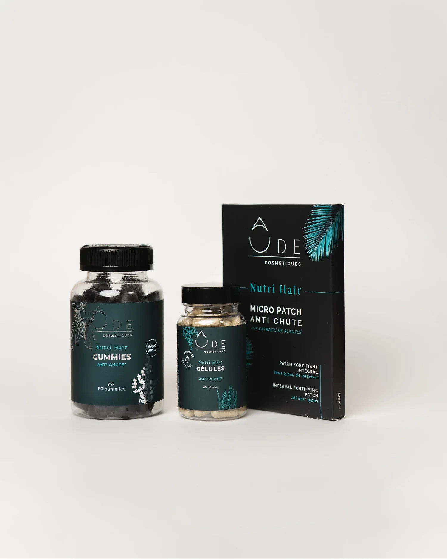 Une bouteille de gummies pour la croissance des cheveux, de couleur turquoise, avec une étiquette indiquant 'Gummies Croissance des Cheveux' et contenant 60 gummies et patch anti chute ode cosmetiques nutri hair