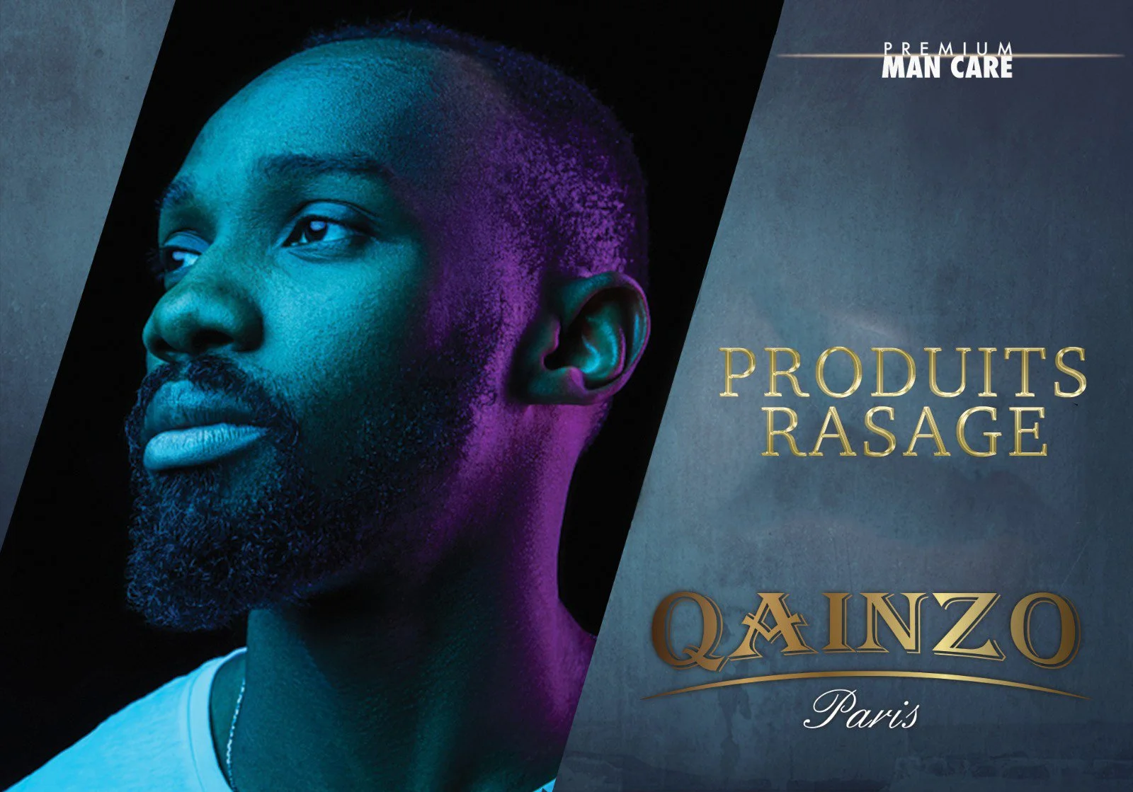 Une publicité pour une gamme de produits rasage Qainzo, avec un homme barbu et chauve en gros plan, utilisant des effets de lumière bleu et violet, avec la mention "Produits Rasage" en or et "Qainzo Paris" en écriture cursive.
