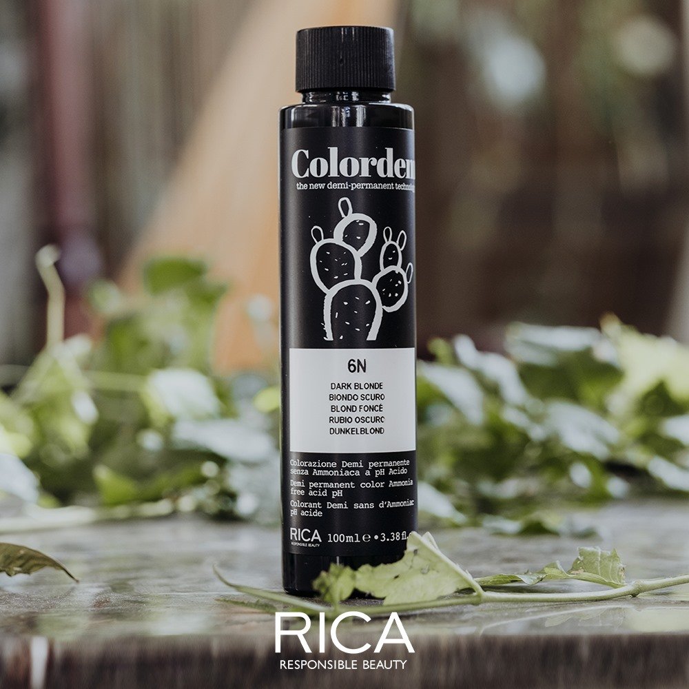 Une bouteille de colorant capillaire noir sur un fond flou, entourée de feuilles vertes.